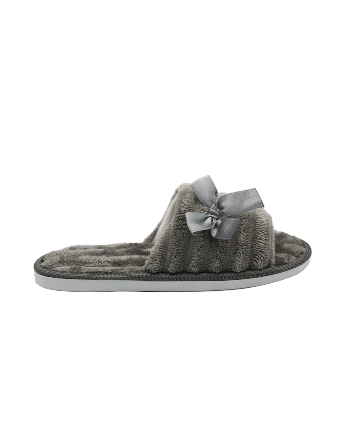 Grey Satin Bow Plush Band Slipper