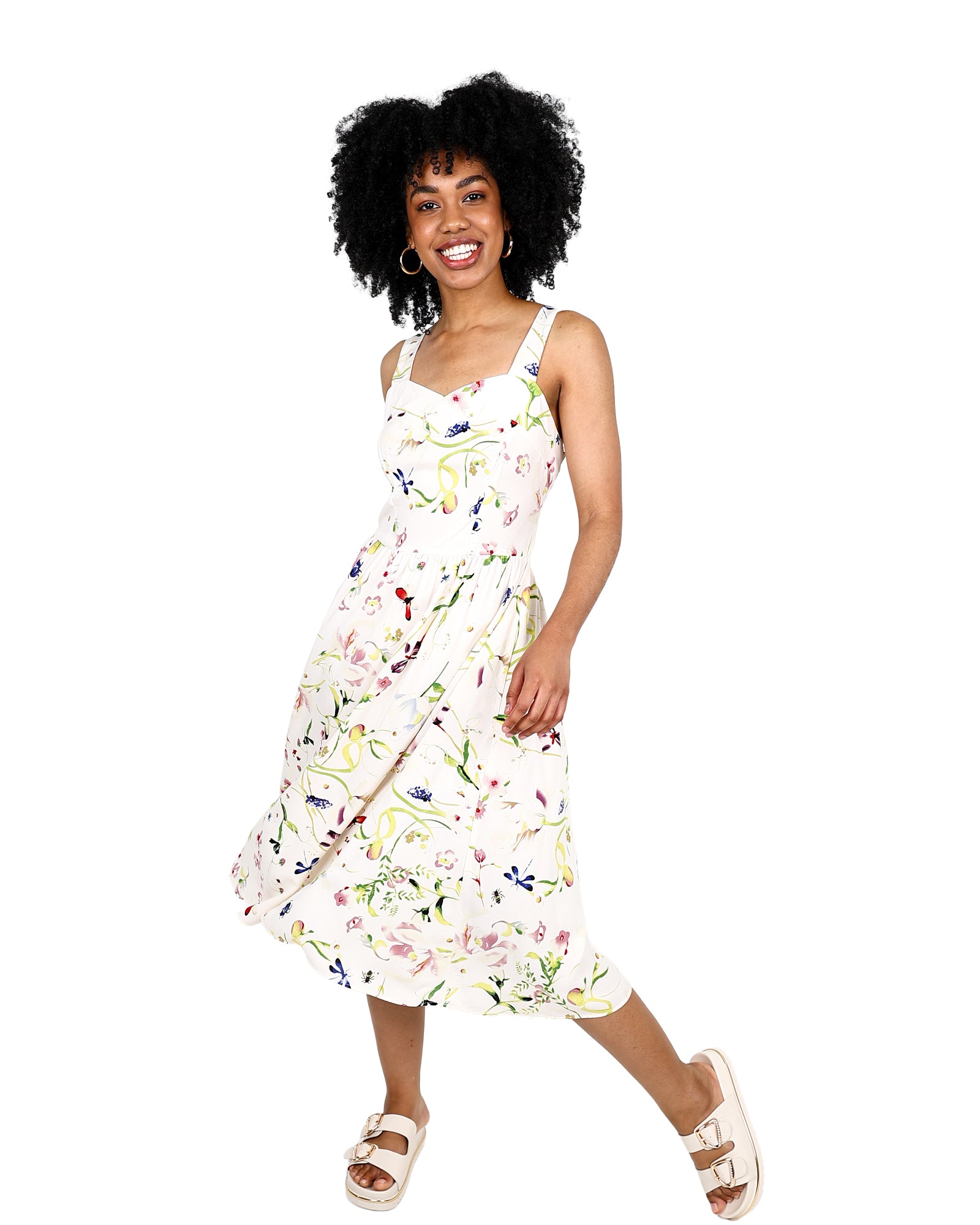 Strappy Floral Sweetheart Midi Dress With Pockets