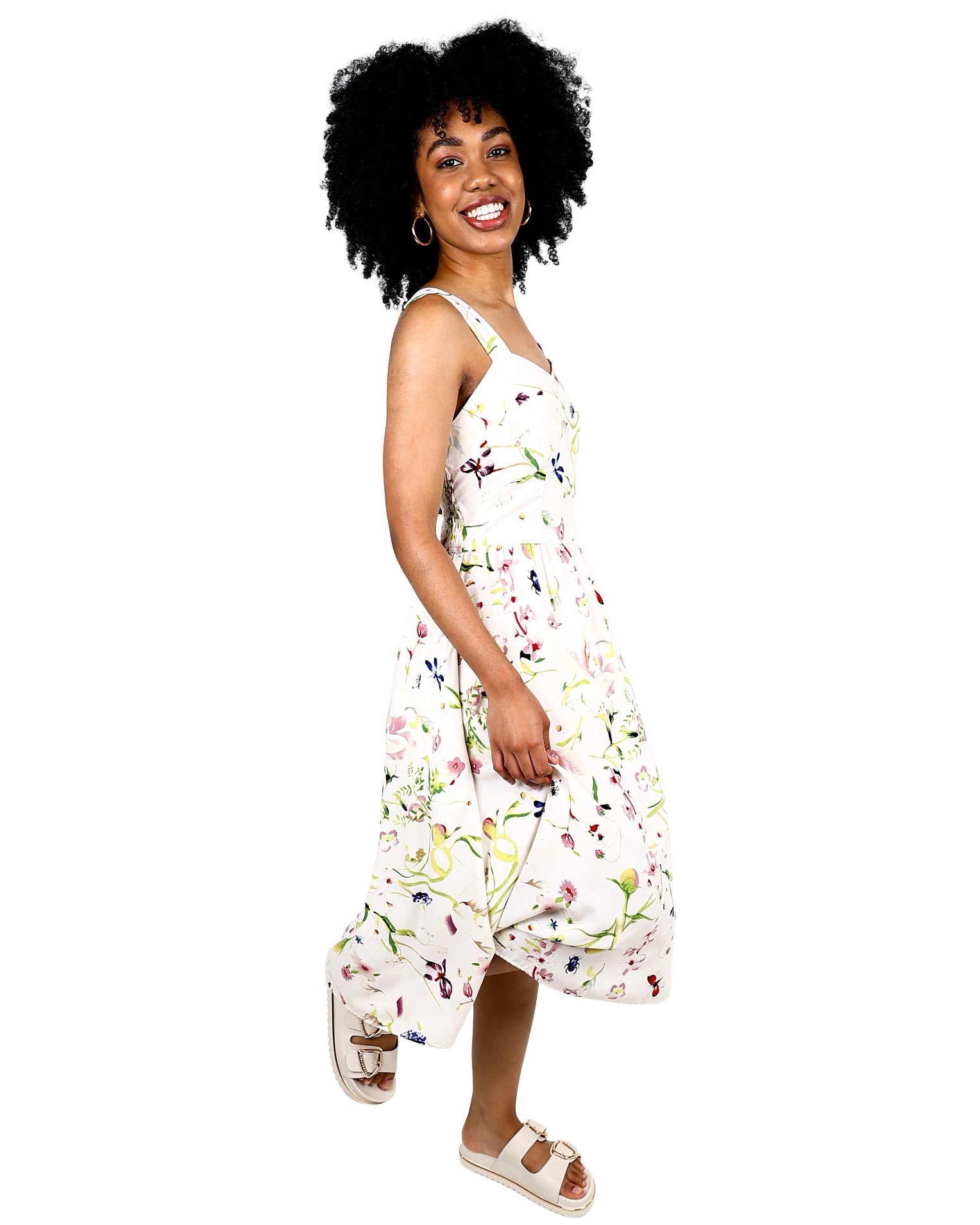 Strappy Floral Sweetheart Midi Dress With Pockets
