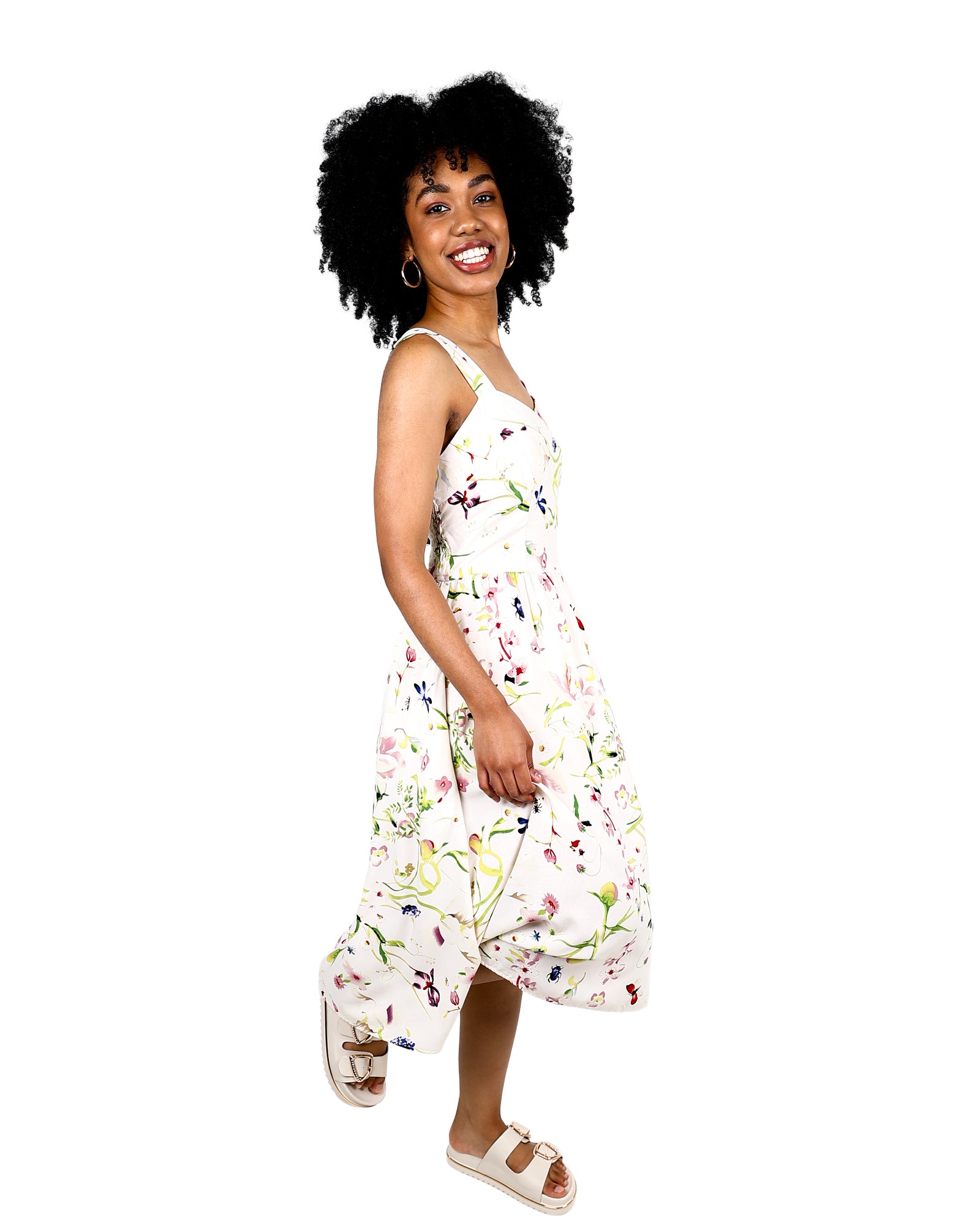 Strappy Floral Sweetheart Midi Dress With Pockets