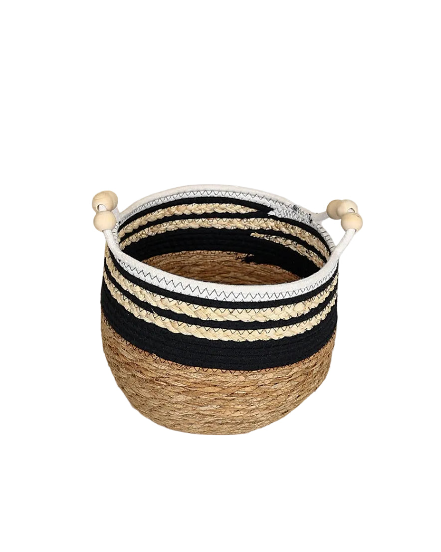 Small Black & White Border Trim Bulrush Basket