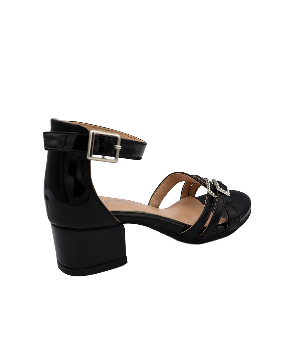Girls Black Strappy Block Heel Party Sandals
