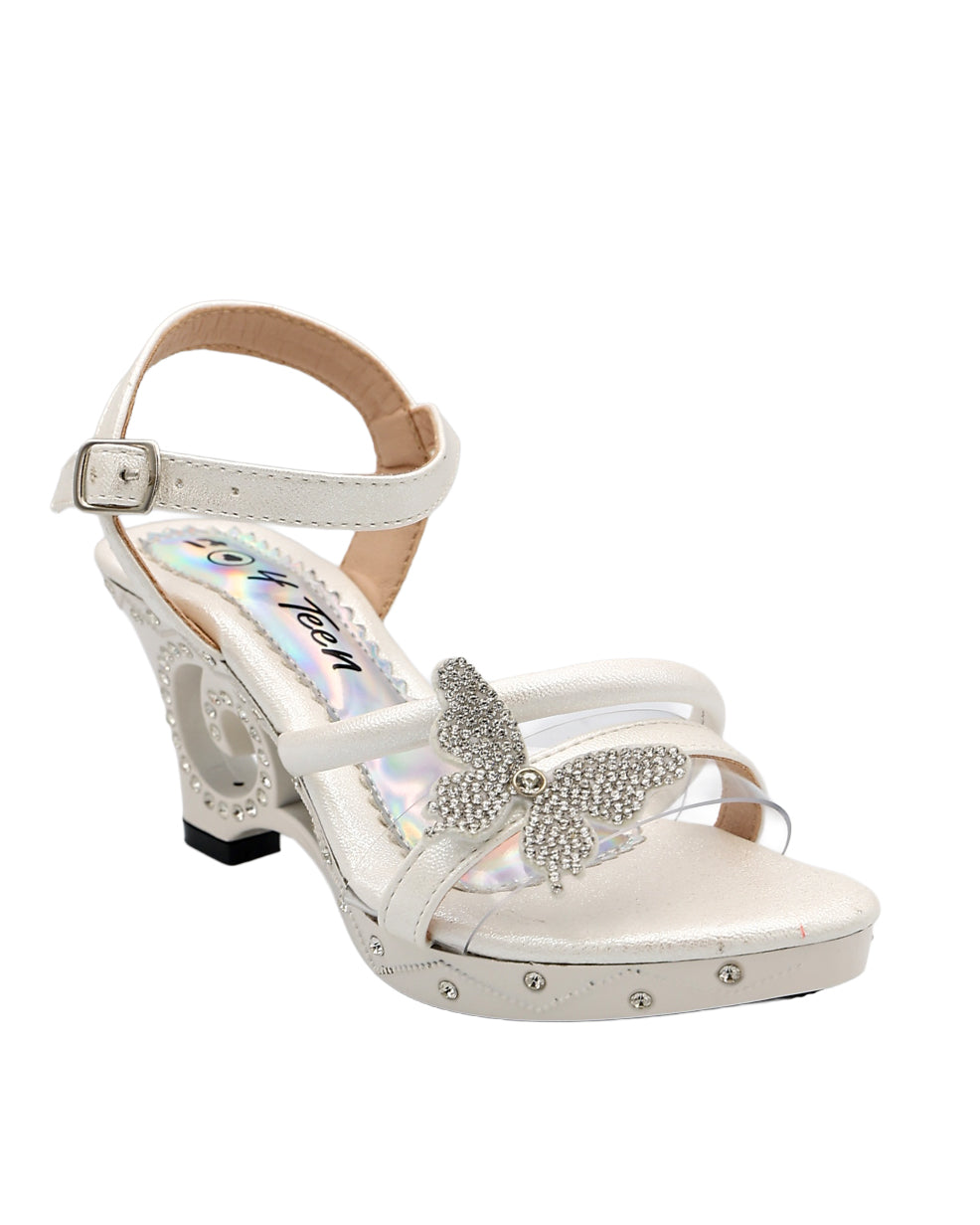 Girls White Diamante Cut Out Butterfly High Heel Party Sandals