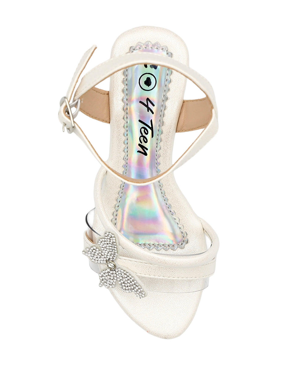 Girls White Diamante Cut Out Butterfly High Heel Party Sandals