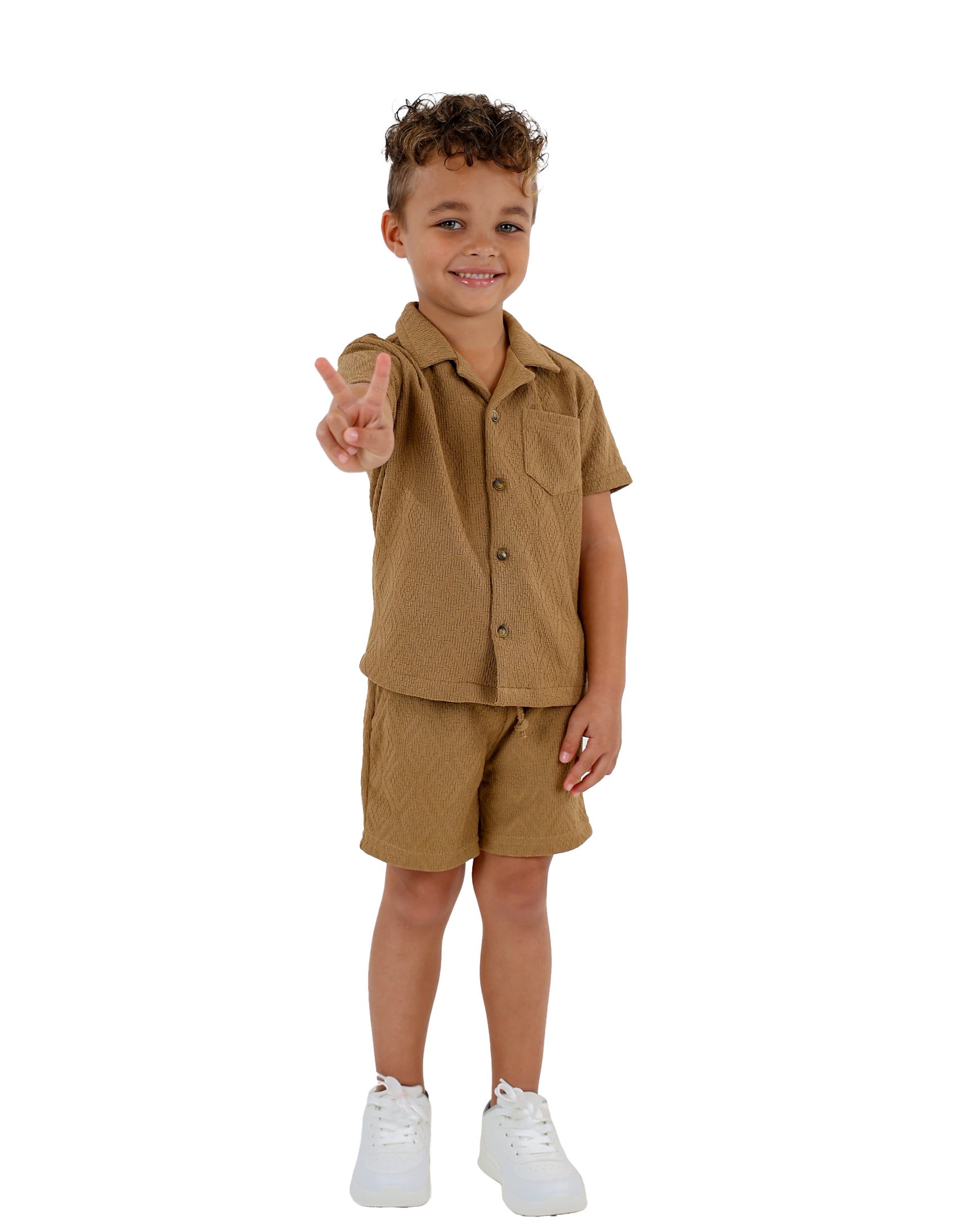 Short Sleeve Diamond Jacquard Beige Co-Ord Set Shirt