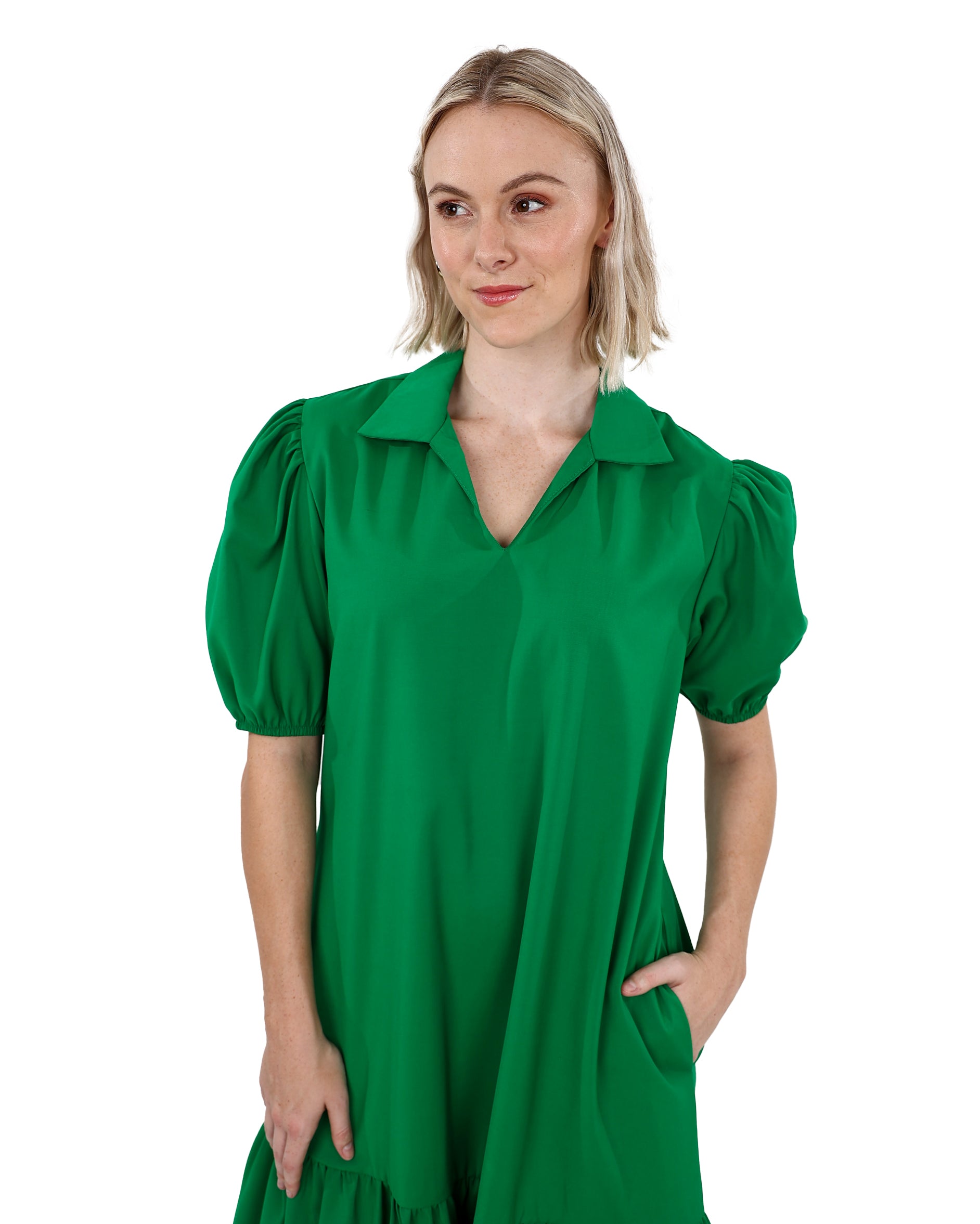 Green Knee Length High-Low Collared Dress