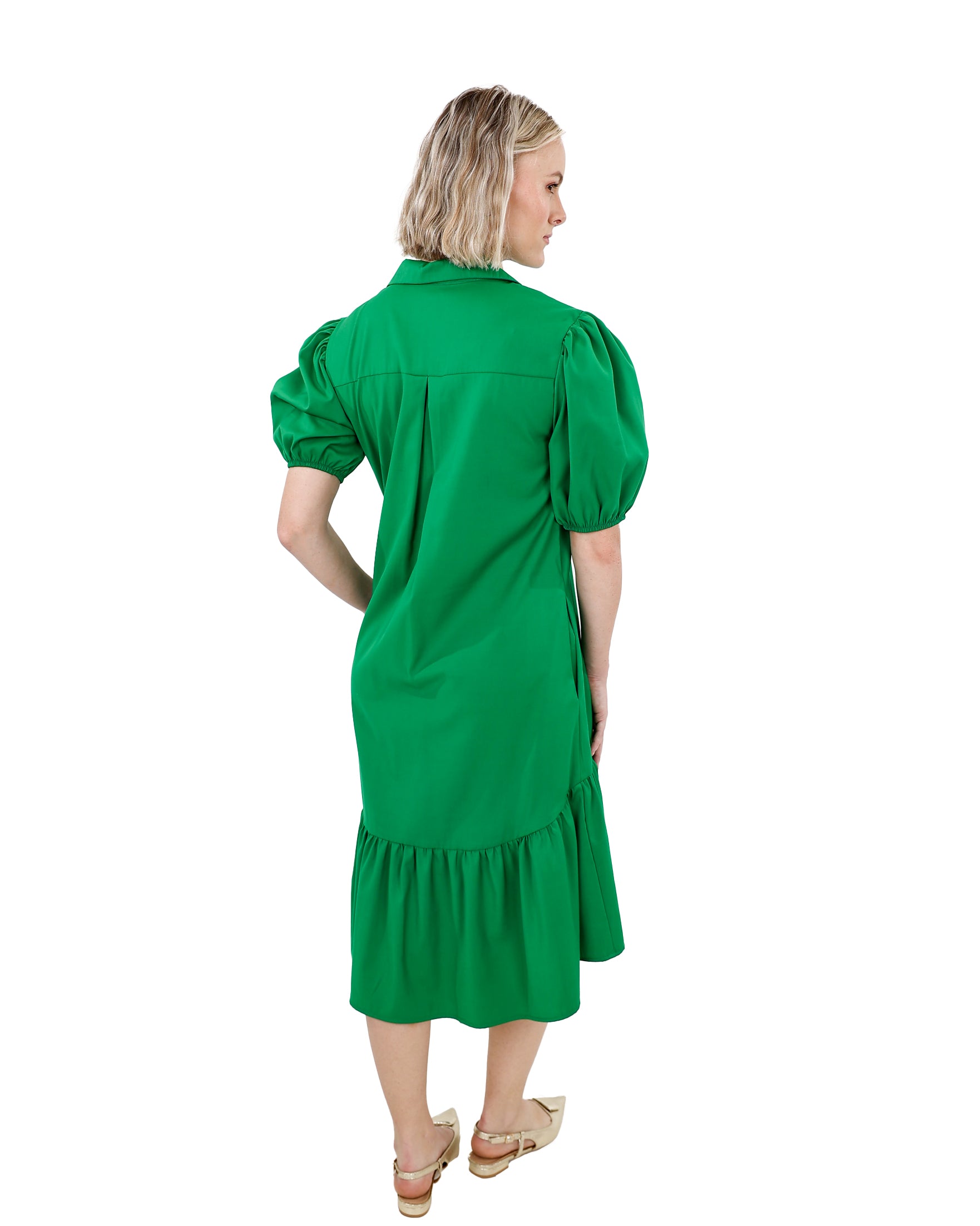 Green Knee Length High-Low Collared Dress