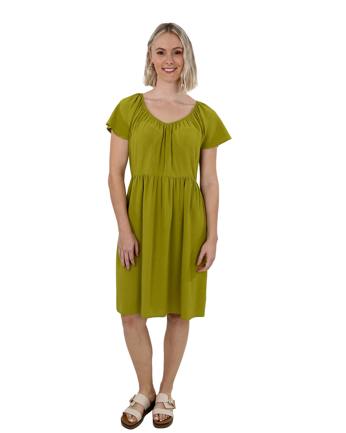 Green Flutter Sleeve Knee Length Dress