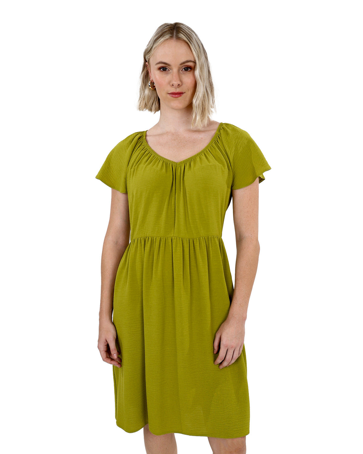 Green Flutter Sleeve Knee Length Dress
