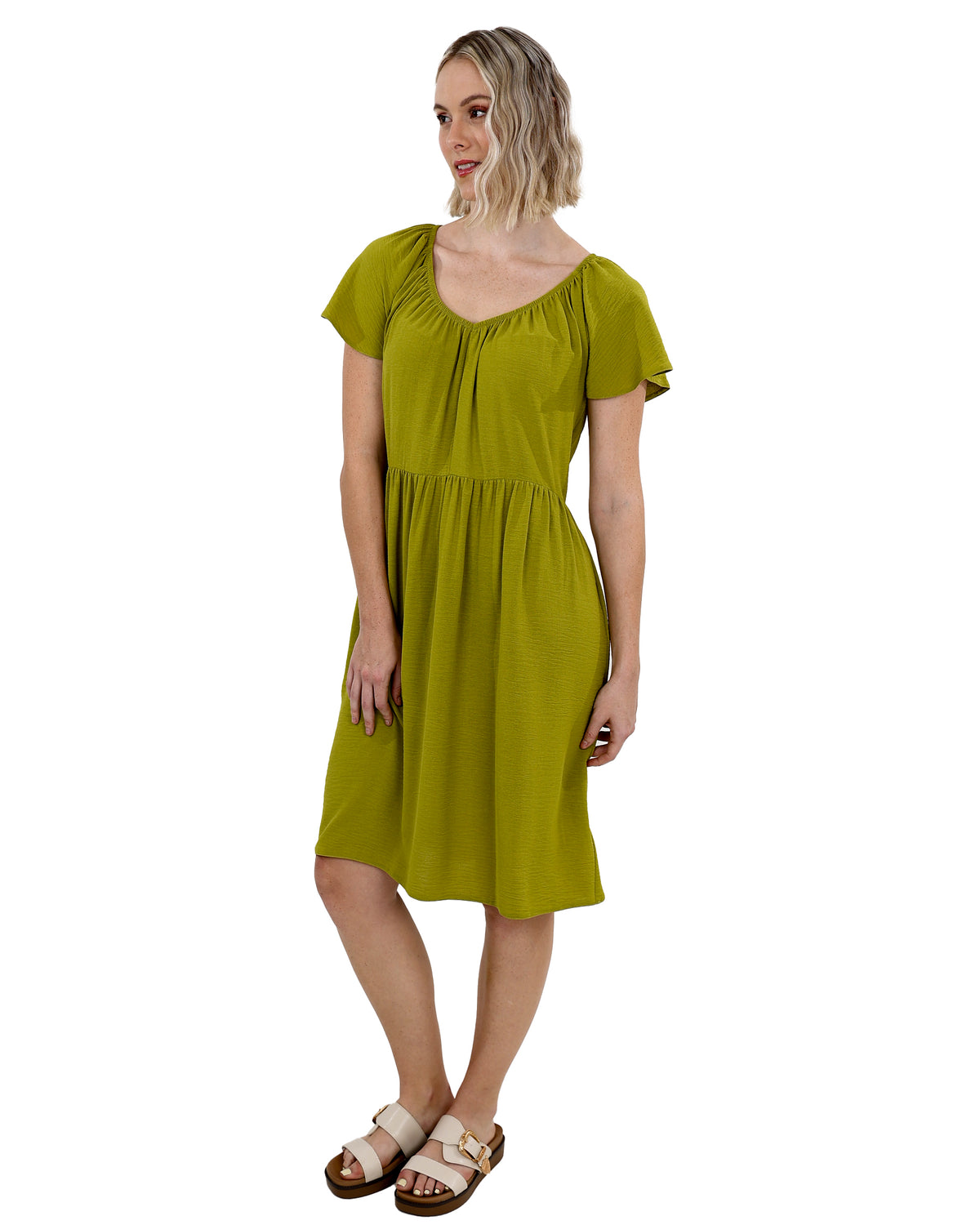 Green Flutter Sleeve Knee Length Dress