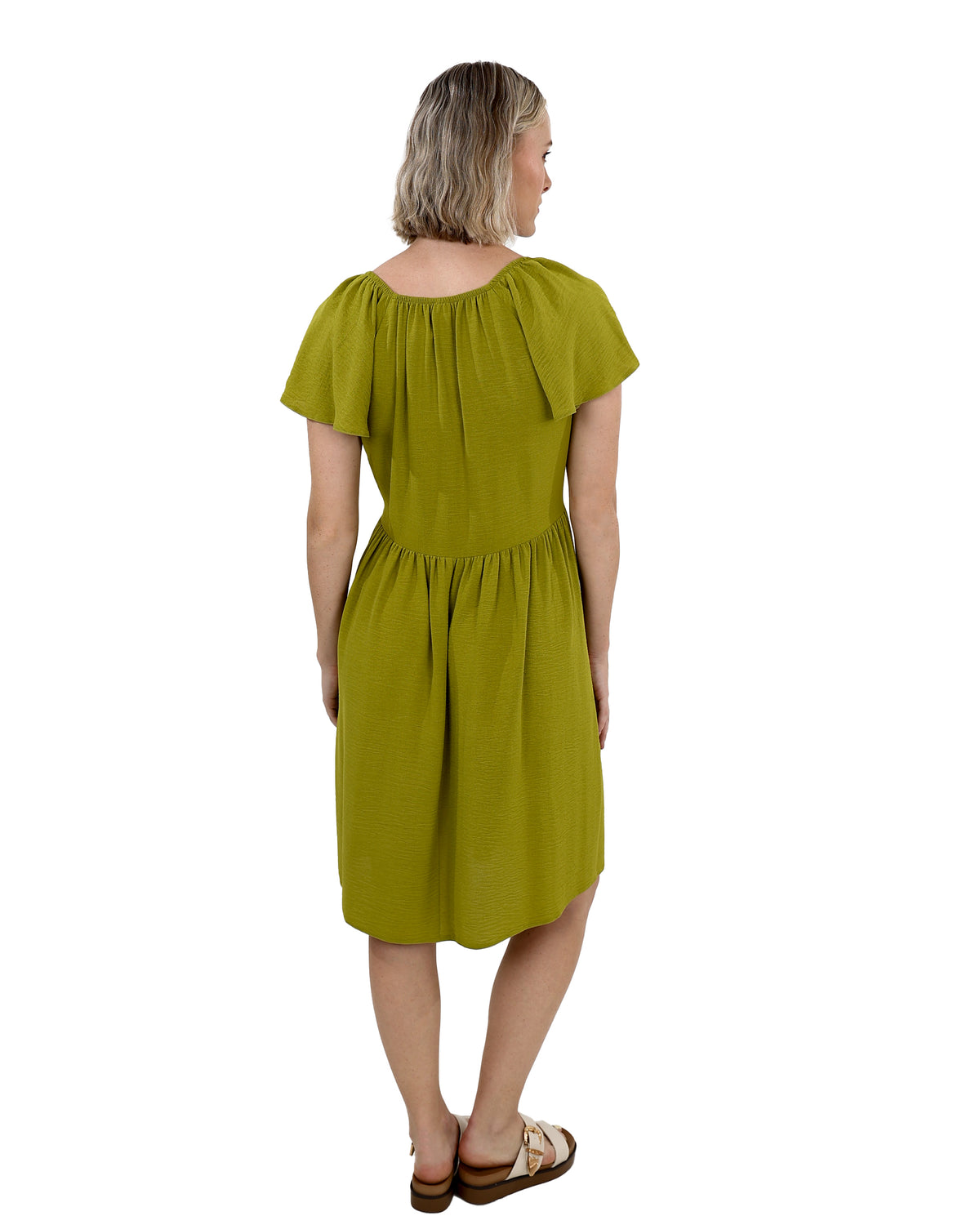 Green Flutter Sleeve Knee Length Dress