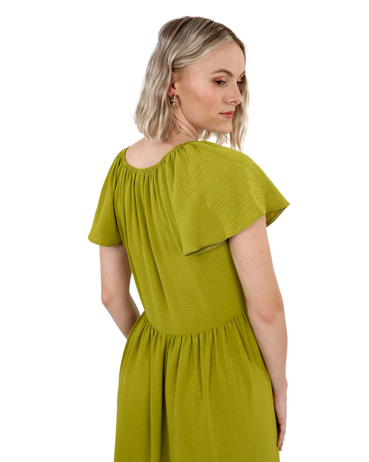 Green Flutter Sleeve Knee Length Dress