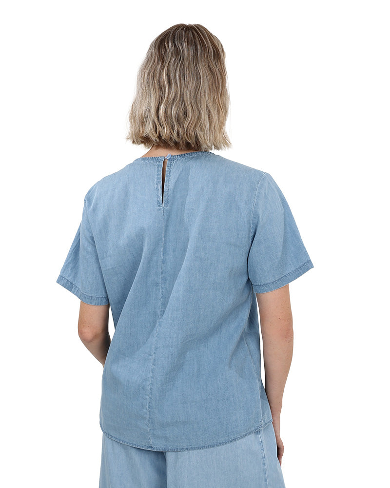 Denim Chambray Short Sleeve Blouse