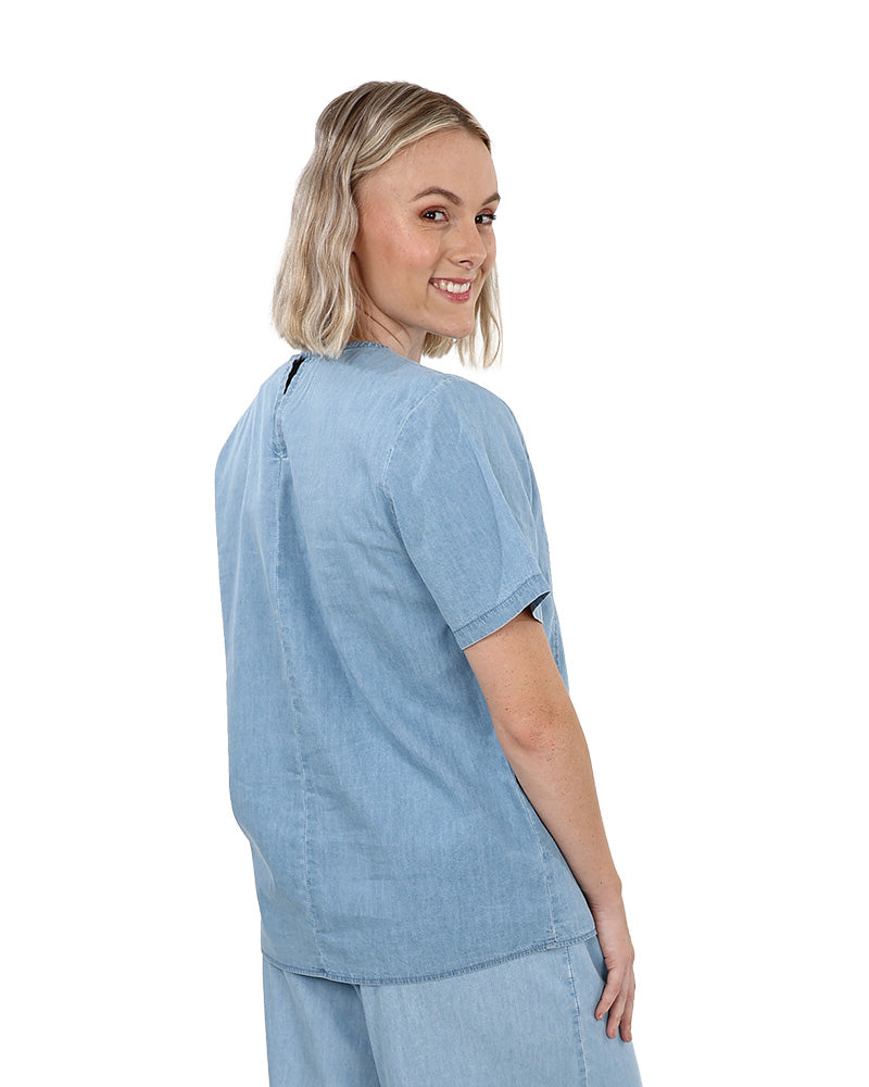 Denim Chambray Short Sleeve Blouse