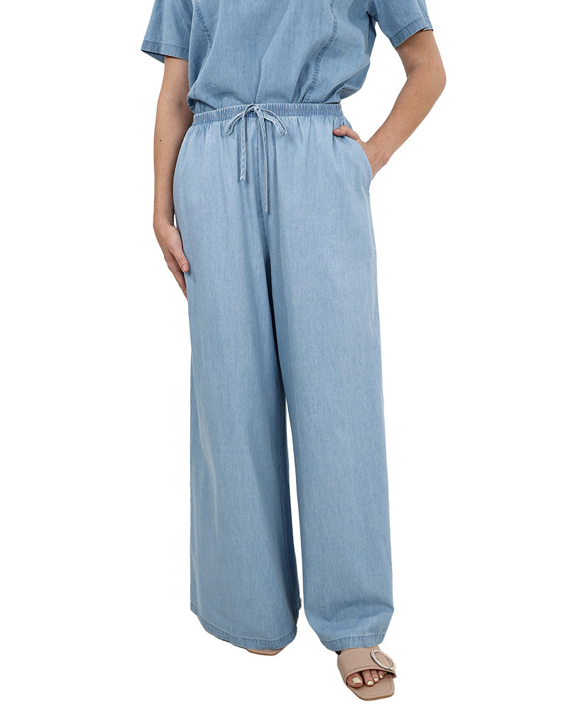 Denim Chambray Pull Up Wide Leg Pants