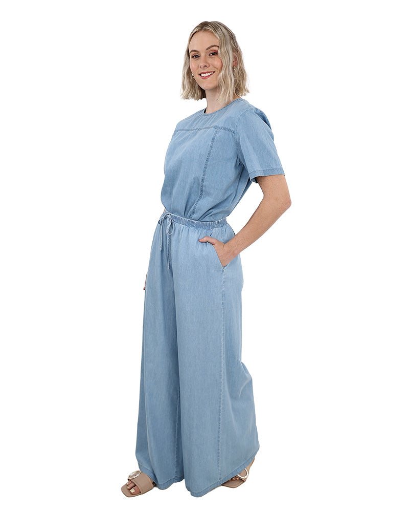 Denim Chambray Pull Up Wide Leg Pants