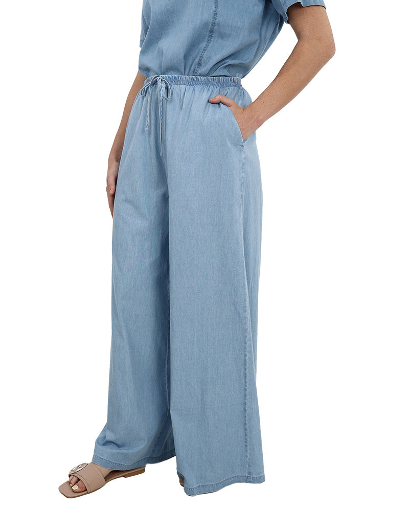 Denim Chambray Pull Up Wide Leg Pants