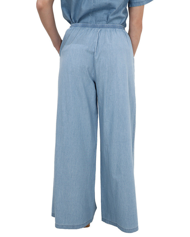 Denim Chambray Pull Up Wide Leg Pants