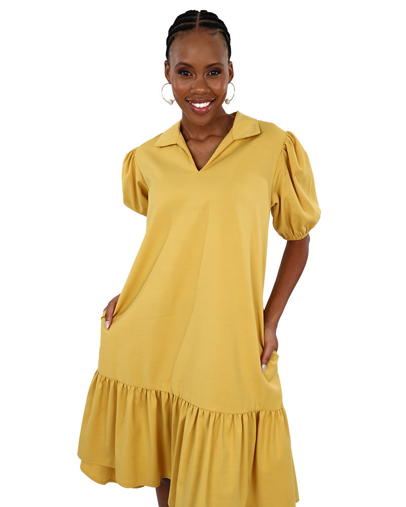Mustard Knee Length High-Low Collared Dress
