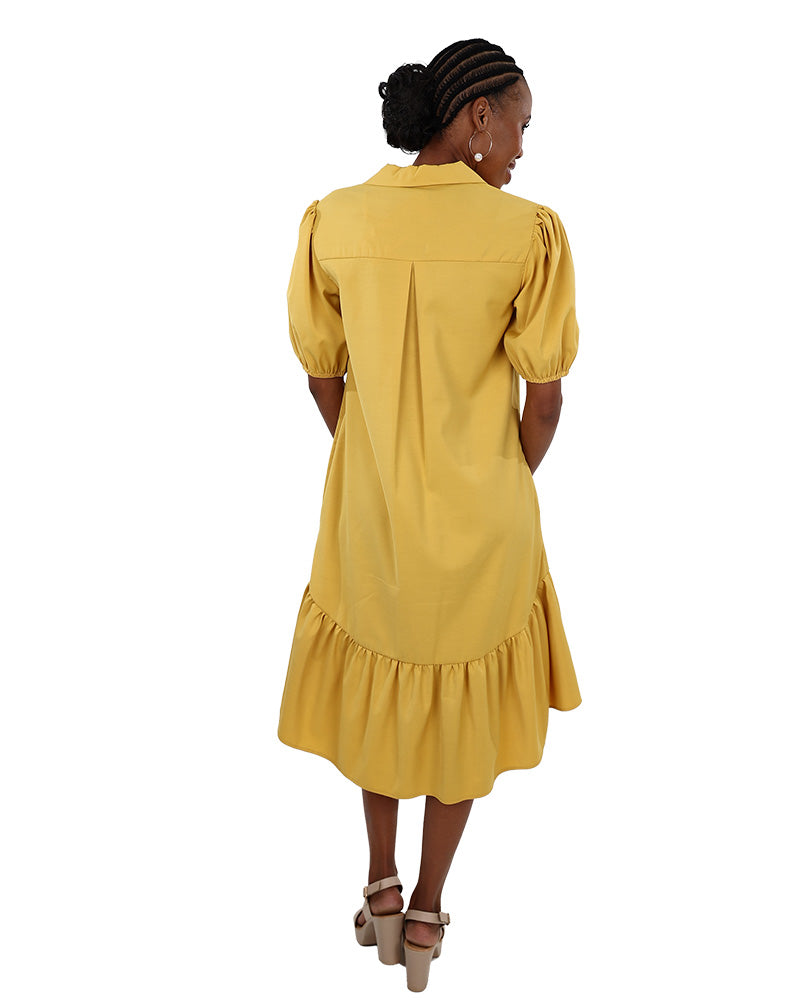 Mustard Knee Length High-Low Collared Dress