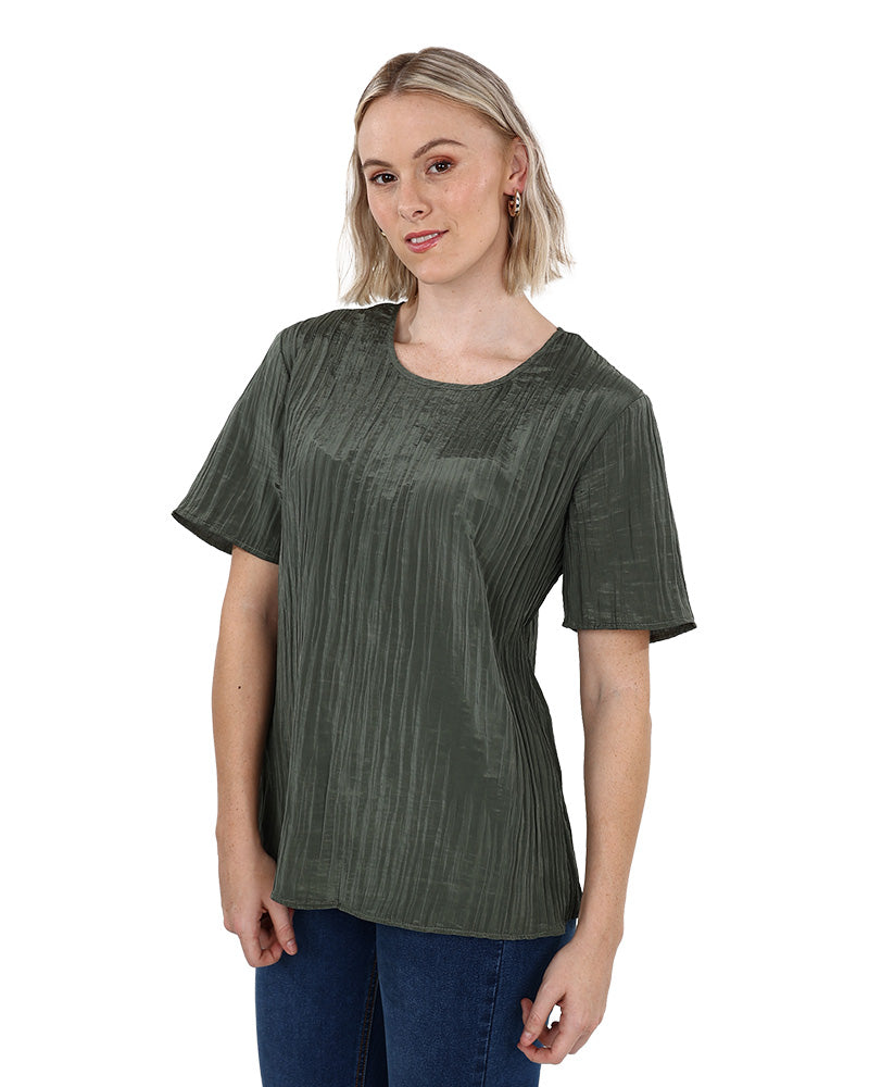 Olive Short Sleeve Textured Blouse