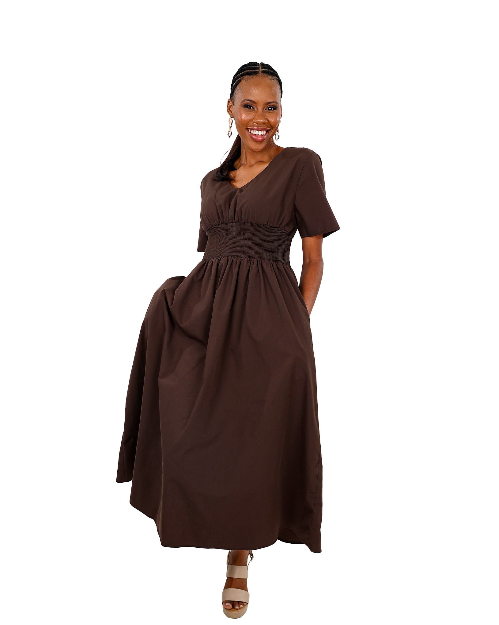 Short Sleeve Ruched Waist Maxi Dress