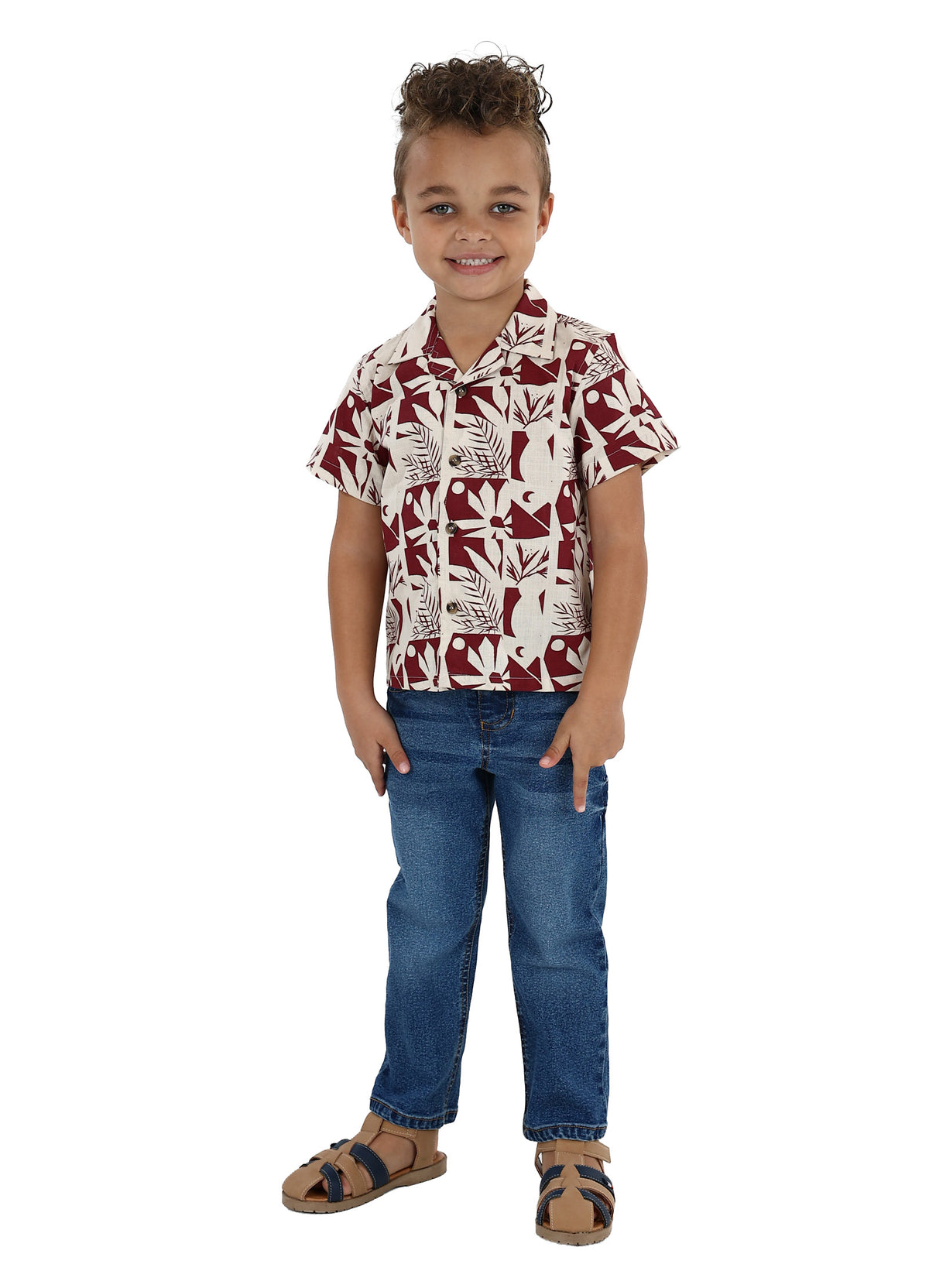 Short Sleeve Burgundy Cuban Print Shirt