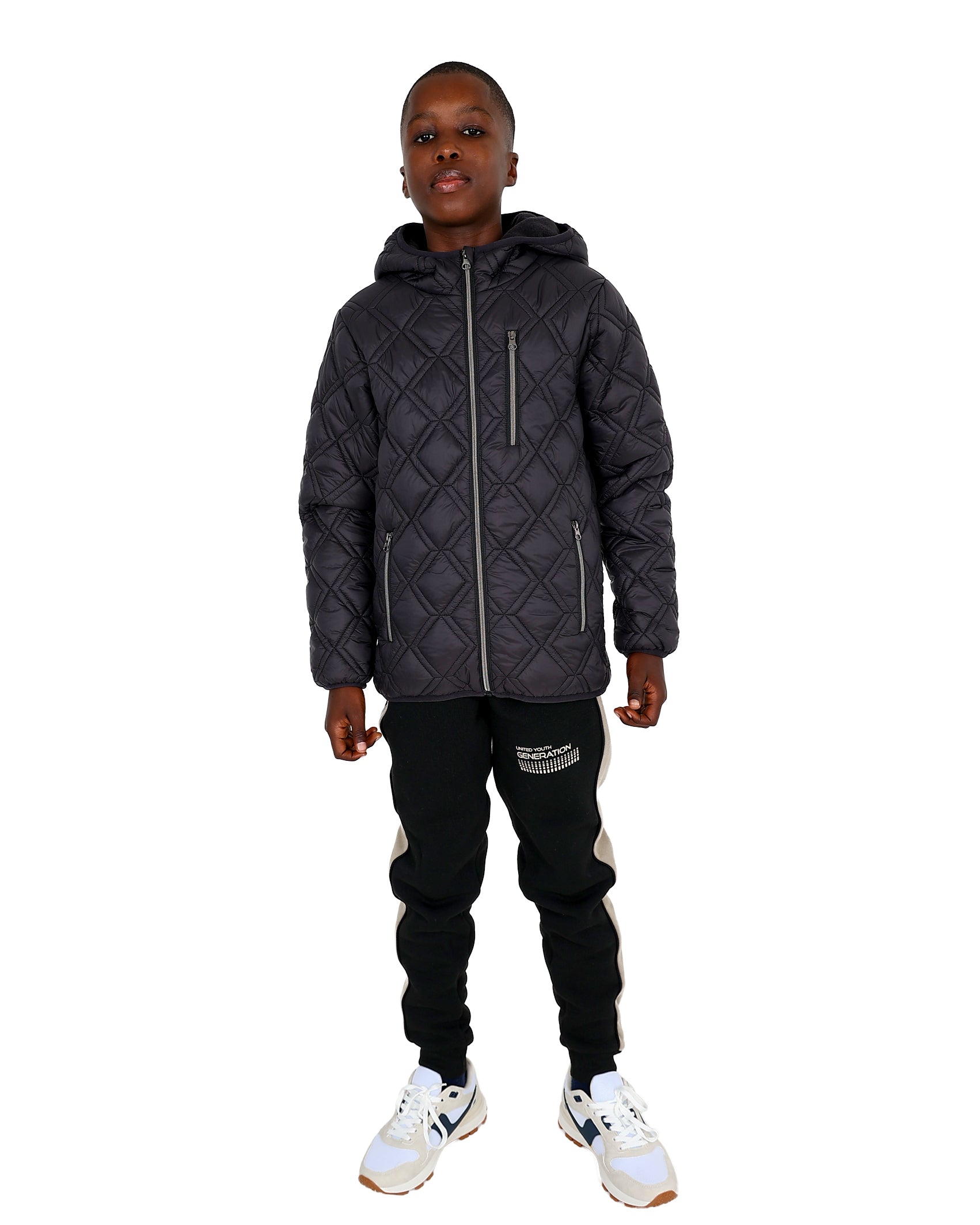 Black Zip Up Hooded Diamond Quilted Puffer Jacket