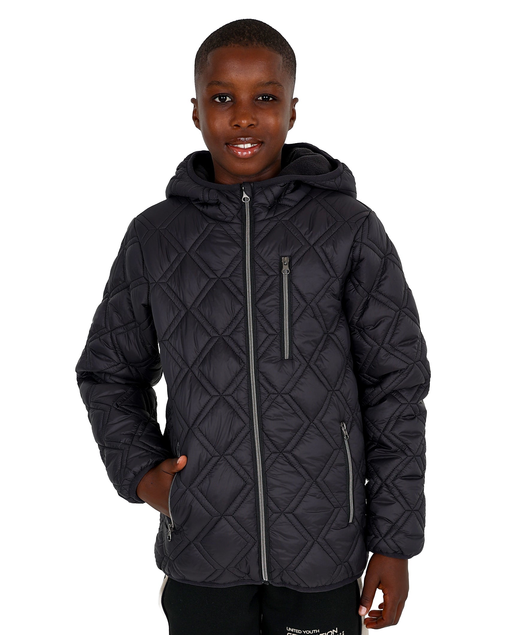 Black Zip Up Hooded Diamond Quilted Puffer Jacket