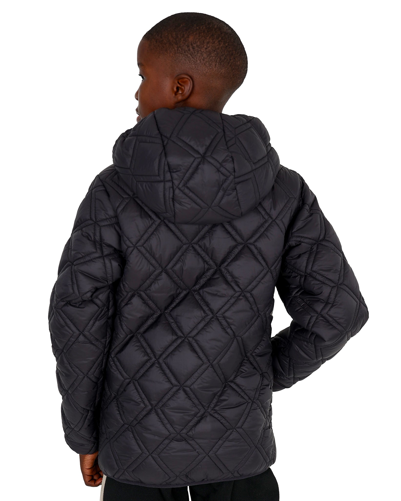 Black Zip Up Hooded Diamond Quilted Puffer Jacket