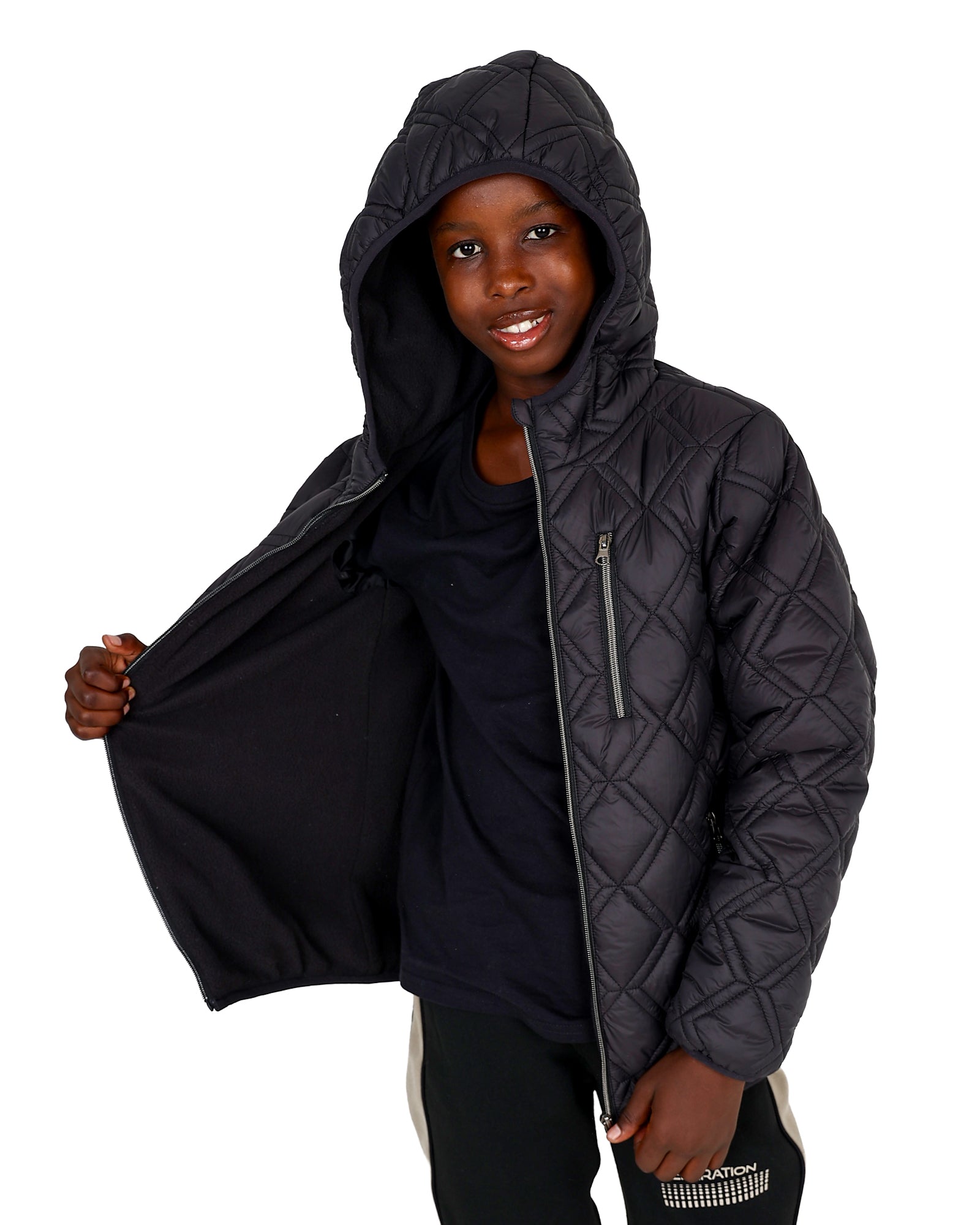 Black Zip Up Hooded Diamond Quilted Puffer Jacket