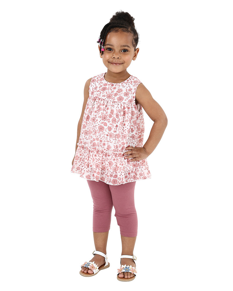 Sleeveless Pink Floral Ruffle Tiered Top and Leggings Set