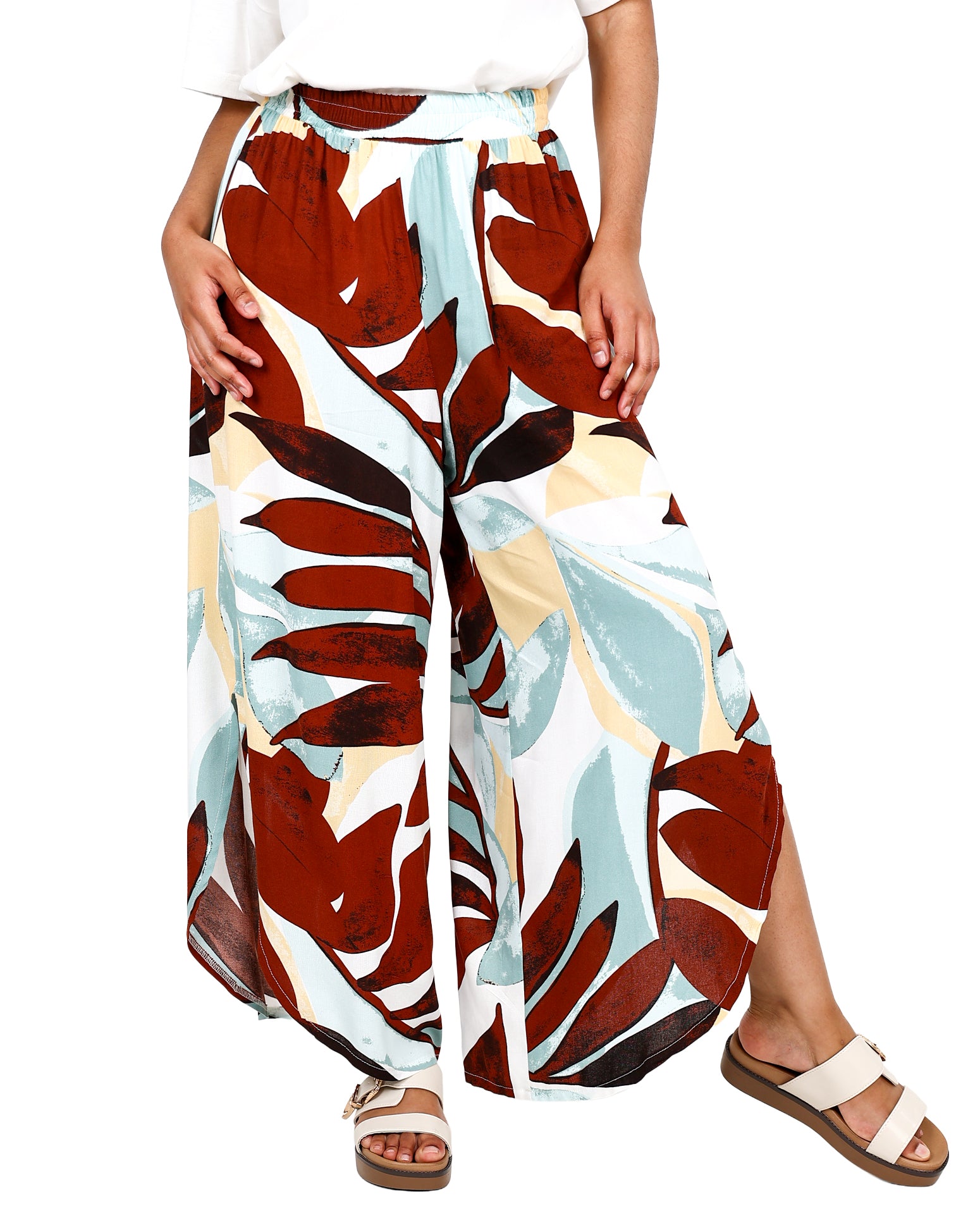 Brown Tropical Leaf Flair Pants