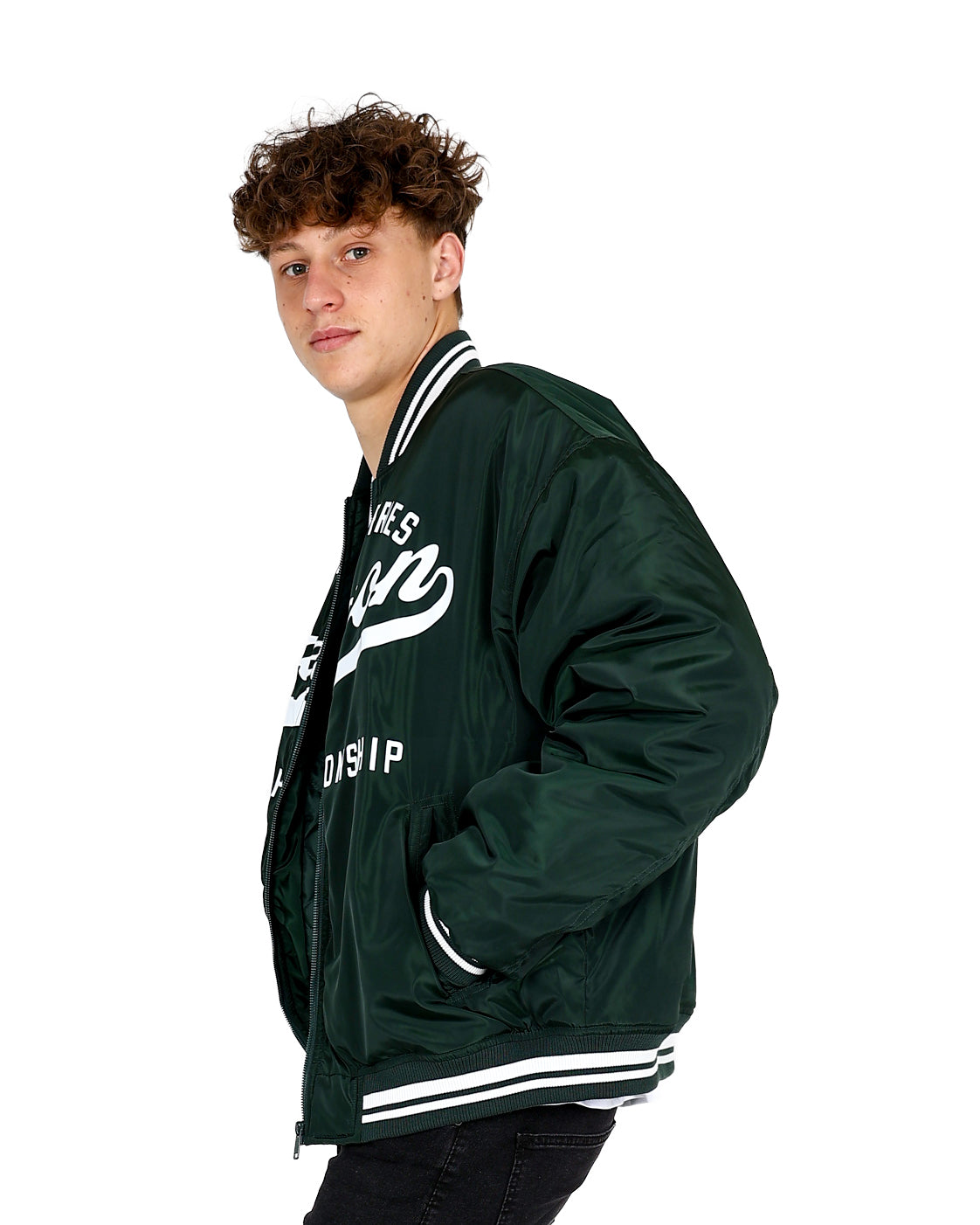 Bottle Green Oregon Typography Bomber Jacket