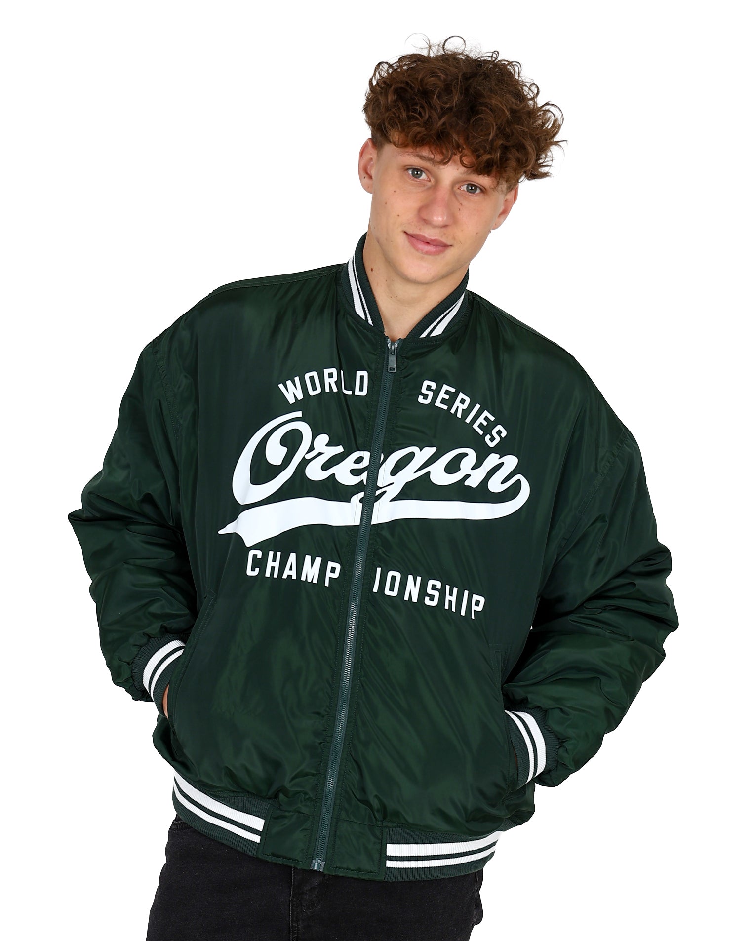 Bottle Green Oregon Typography Bomber Jacket