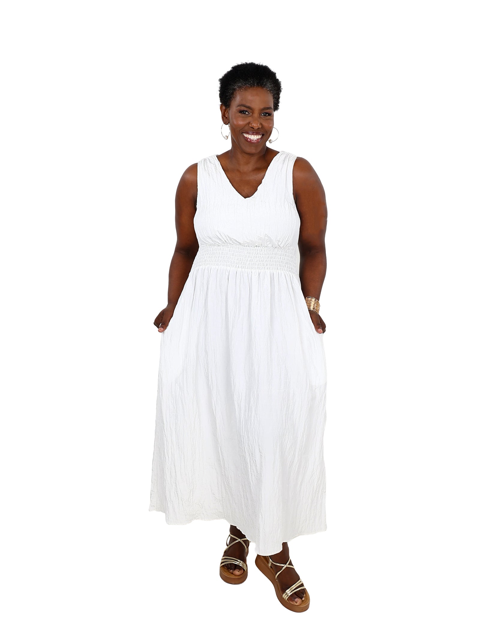 White Textured Sleeveless Maxi Dress