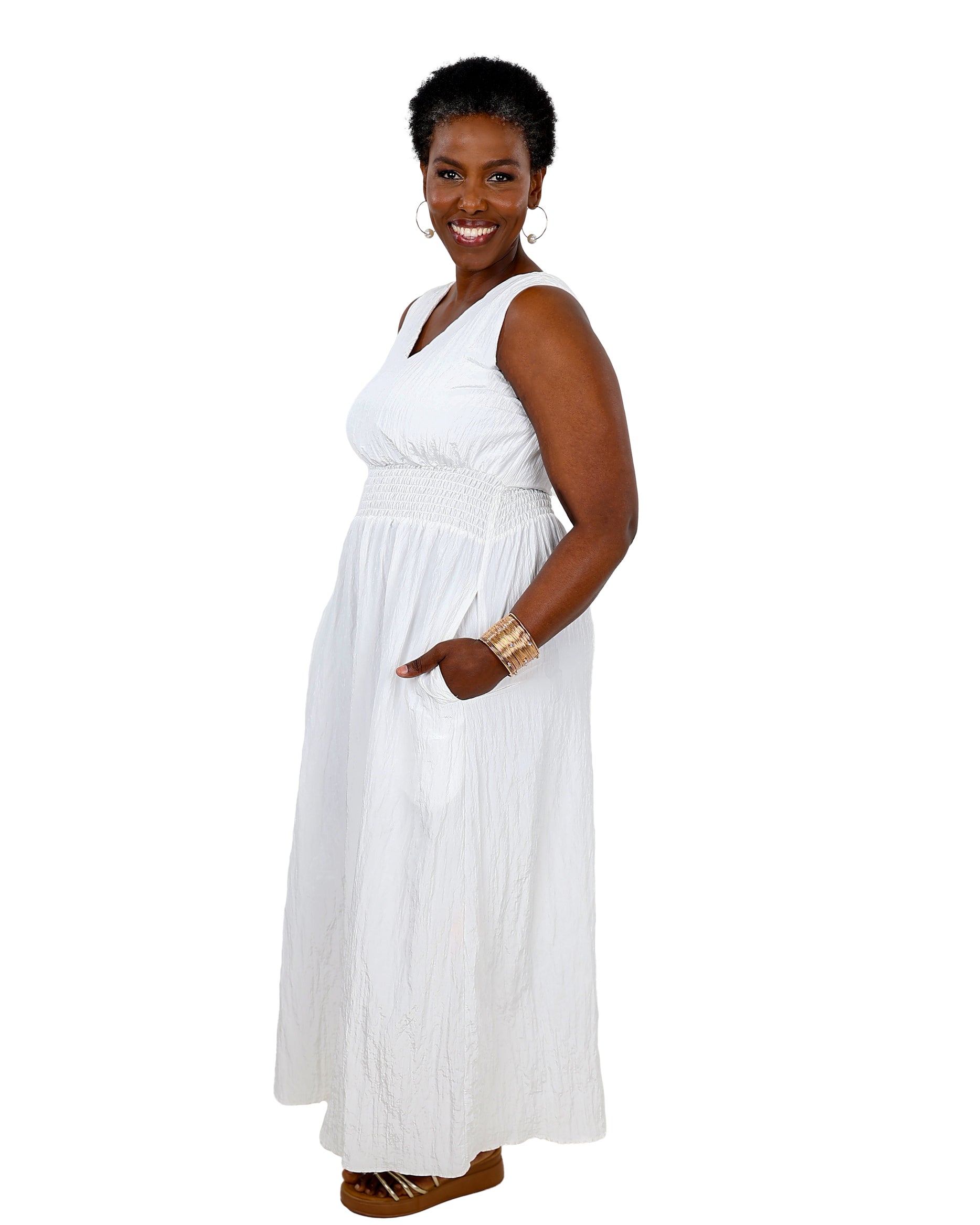White Textured Sleeveless Maxi Dress