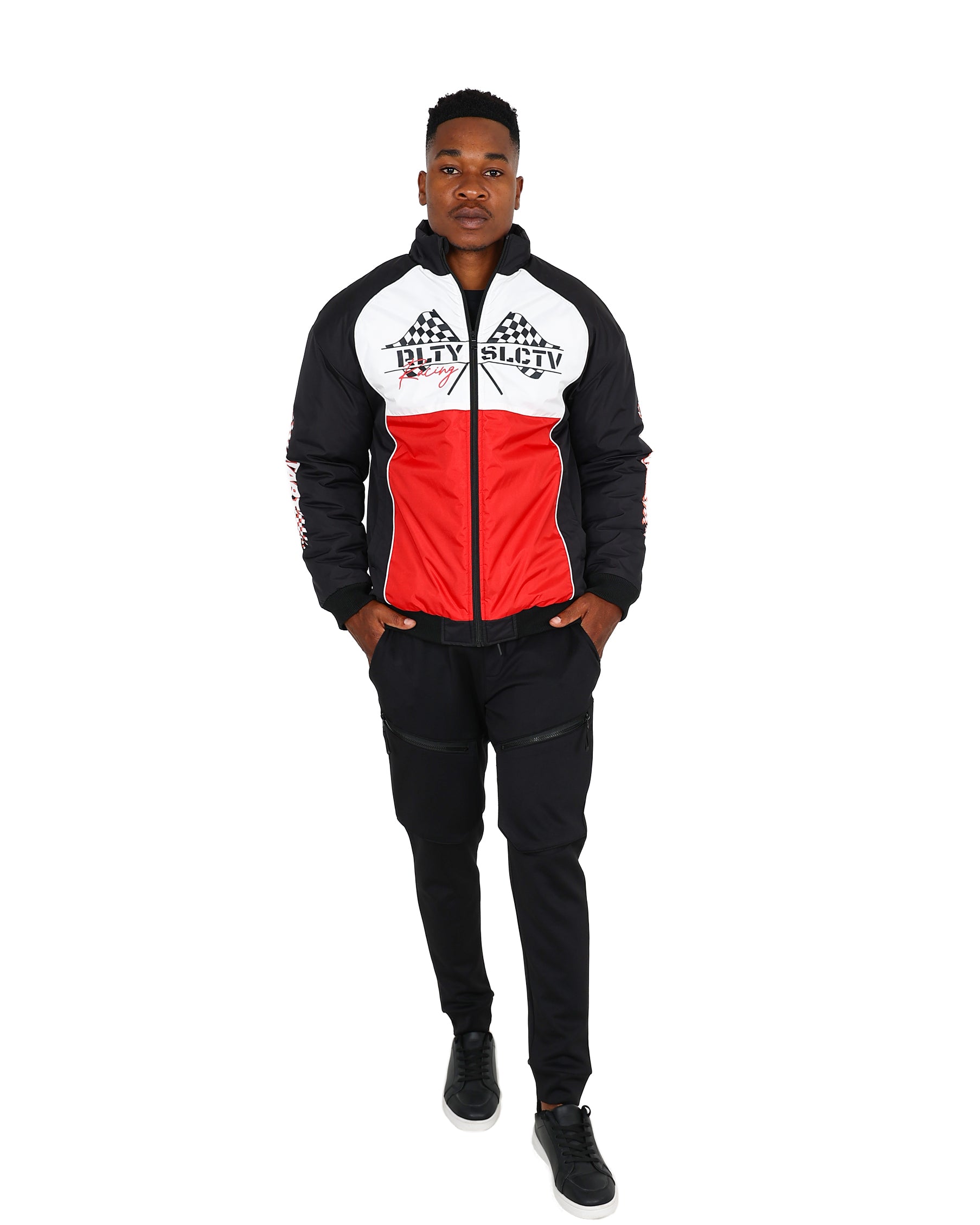 Black & Red Colour Block Racing Inspired Bomber Jacket