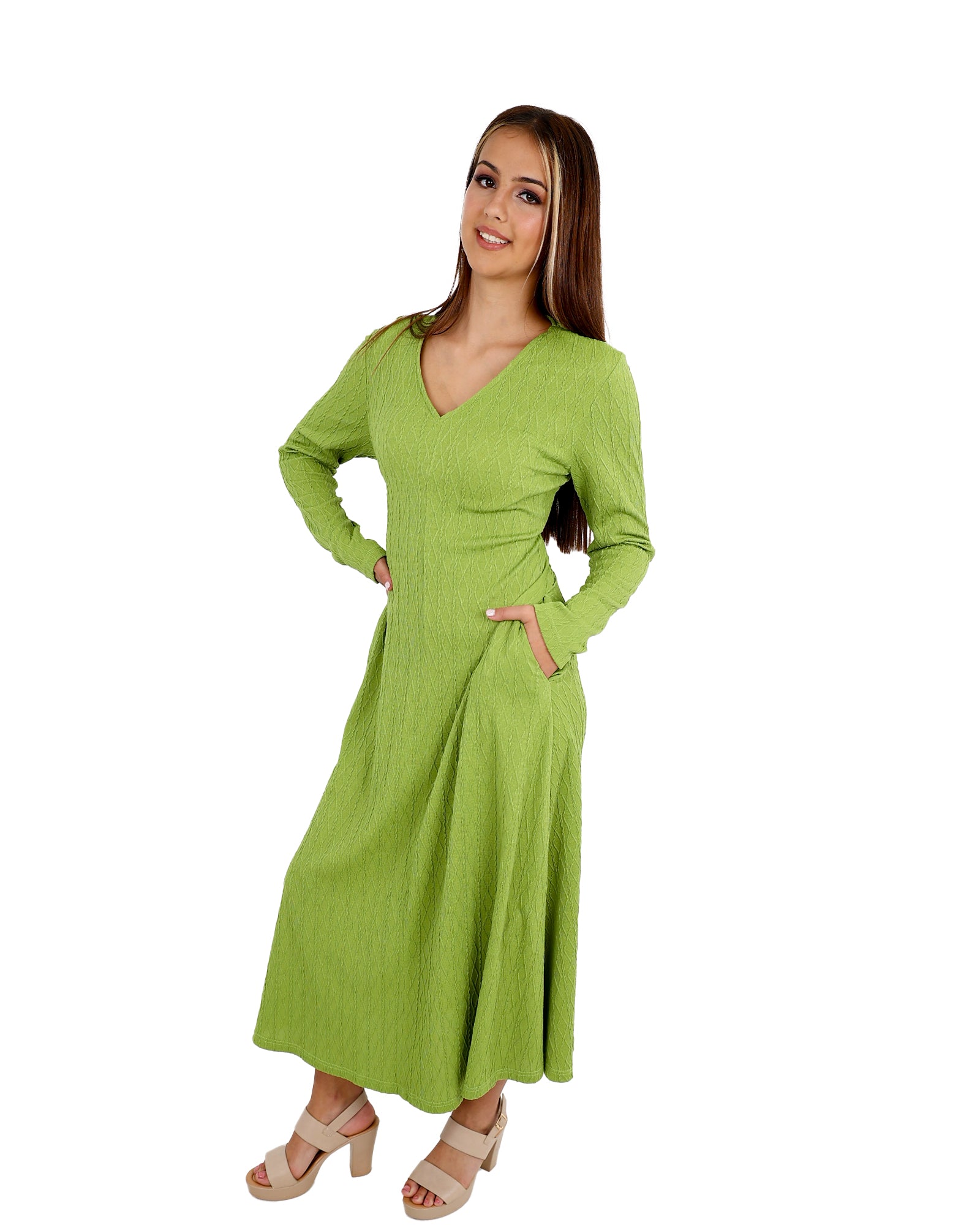Green Long Sleeve Jacquard Maxi Dress