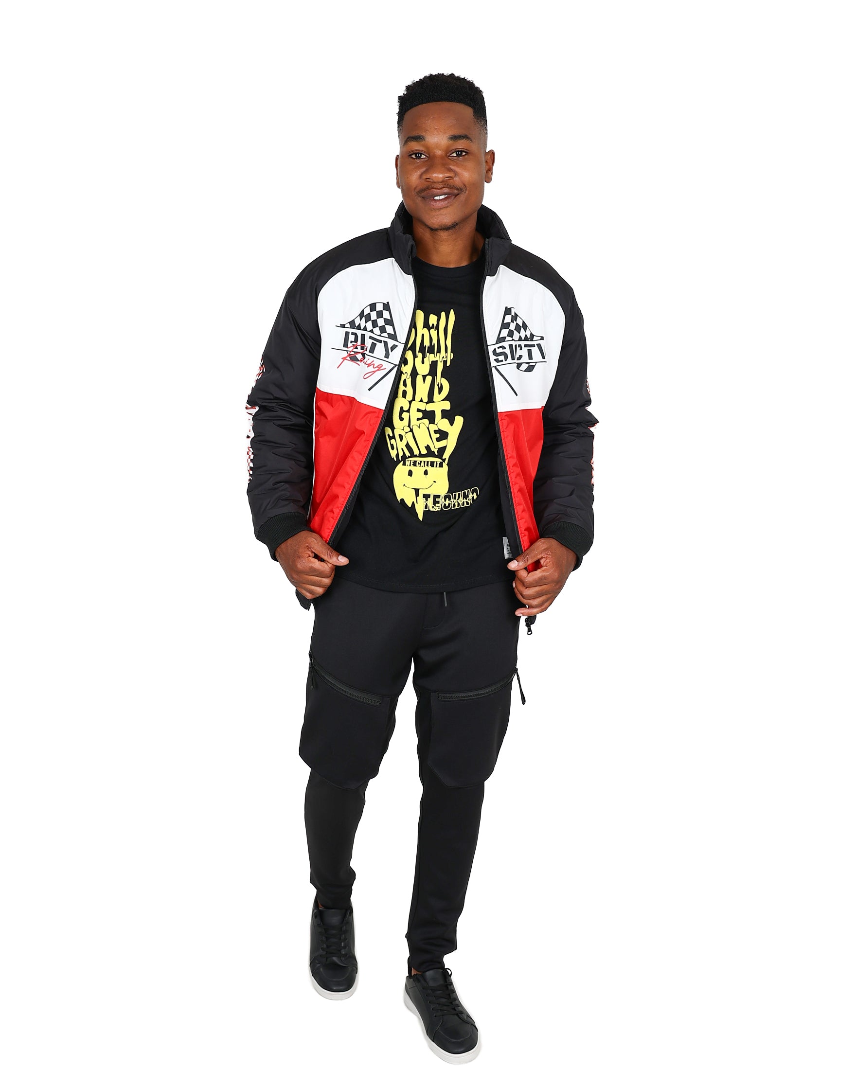 Black & Red Colour Block Racing Inspired Bomber Jacket