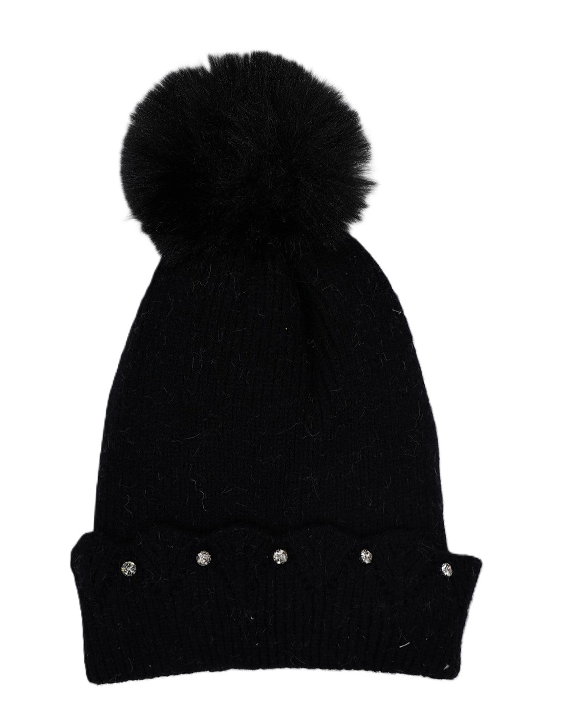 Black Diamante Embellished Pompom Beanie
