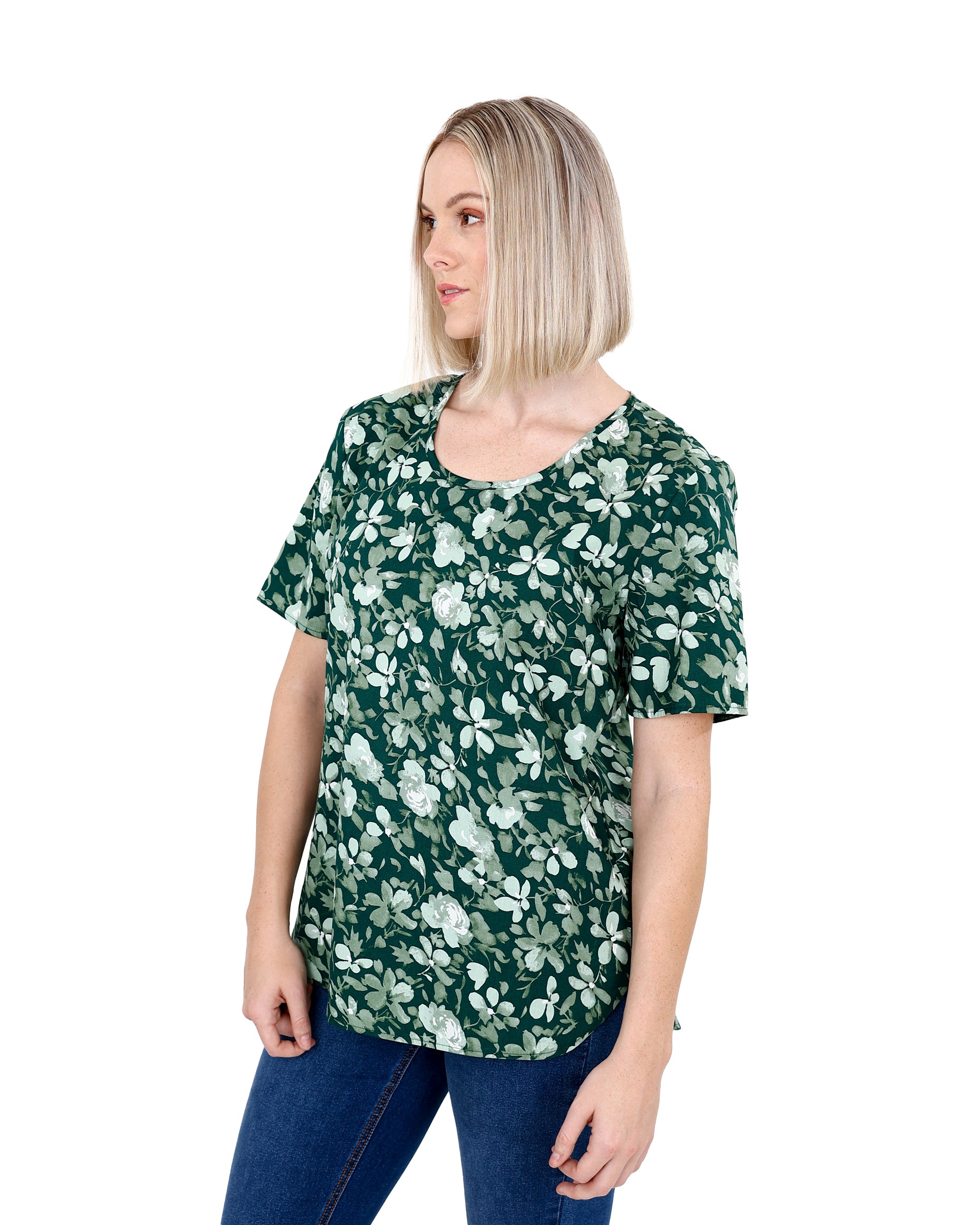 Short Sleeve Green Floral Print Blouse