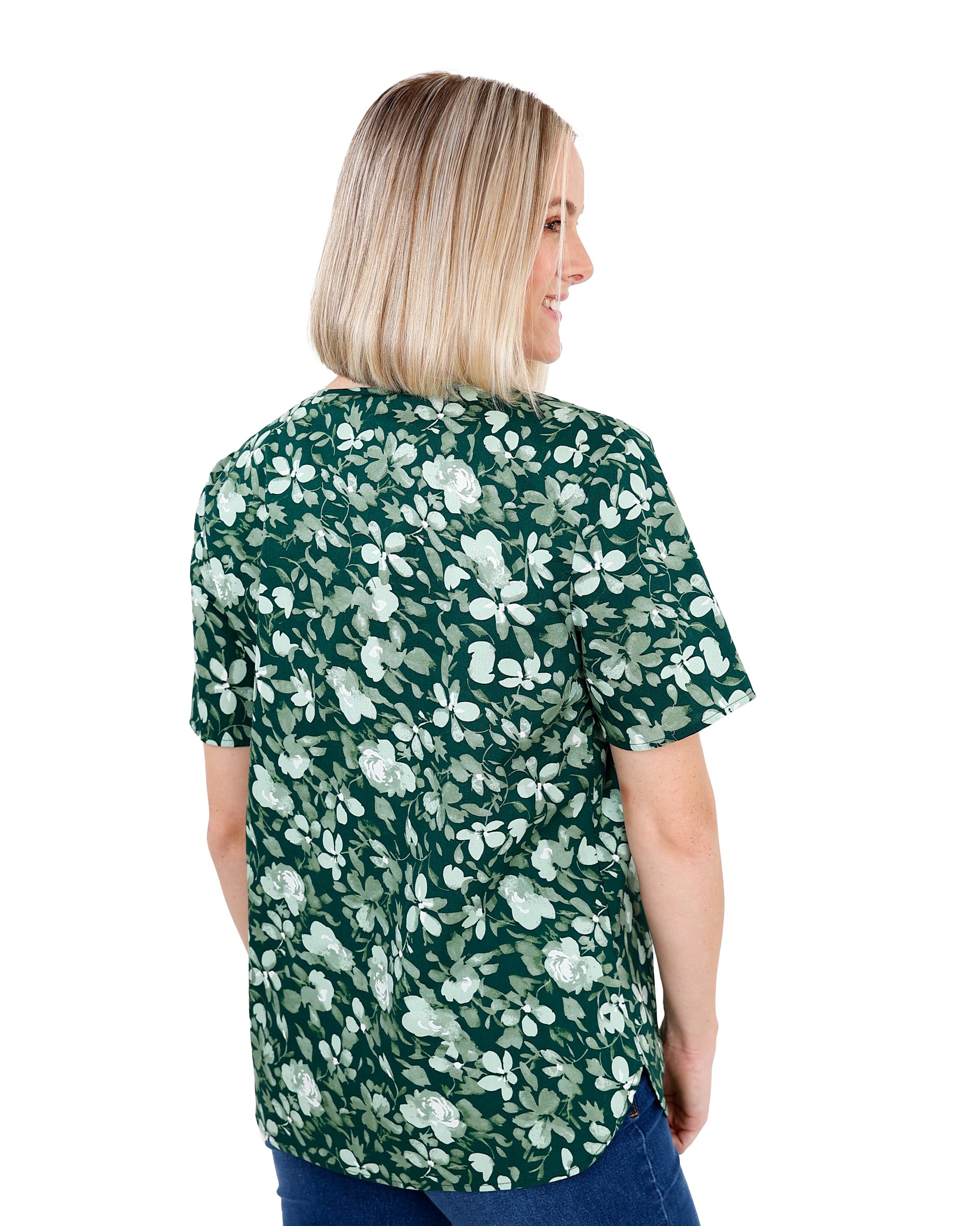 Short Sleeve Green Floral Print Blouse