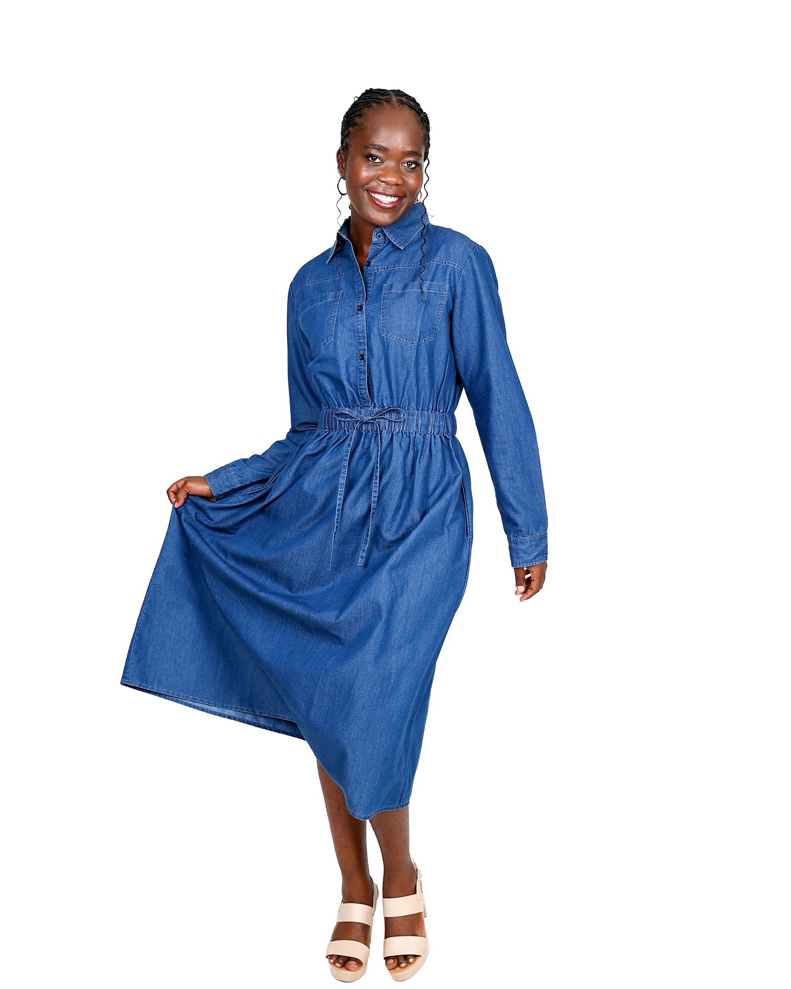 Long Sleeve Denim Midi Shirt Dress