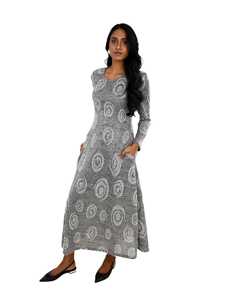 Long Sleeve Monochrome Print French Knit Midi Dress