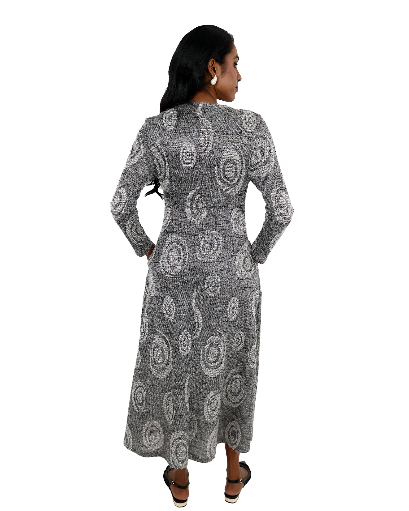 Long Sleeve Monochrome Print French Knit Midi Dress