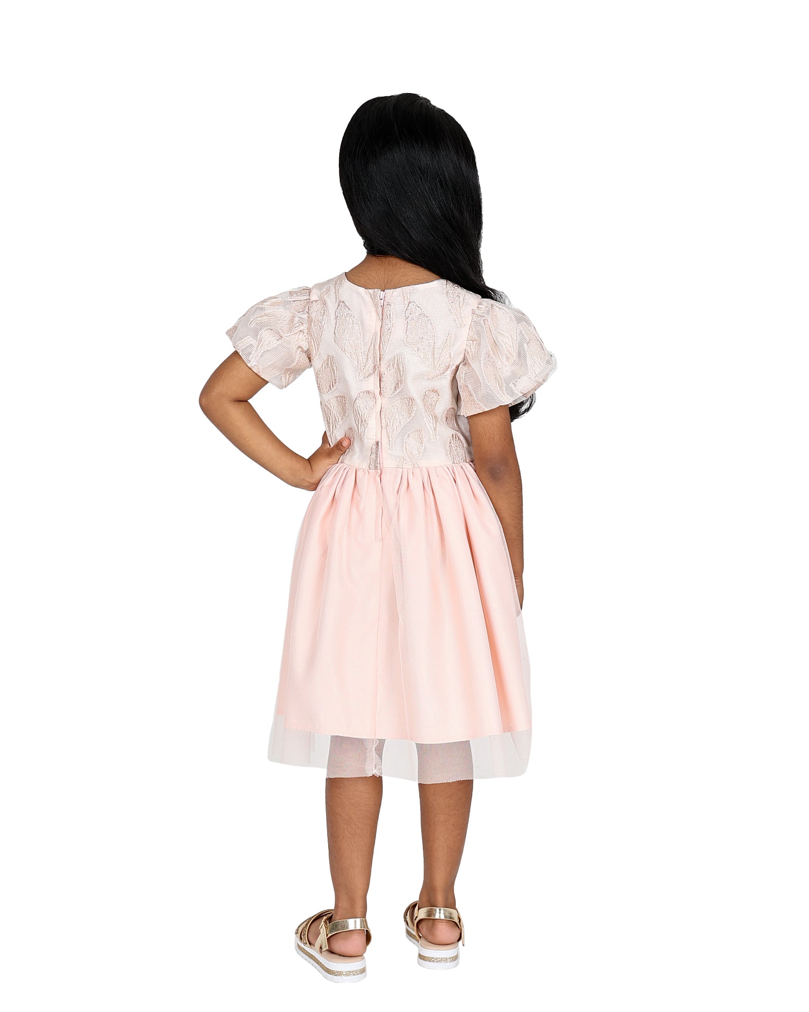 Short Sleeve Brocade Detail Tulle Party Dress