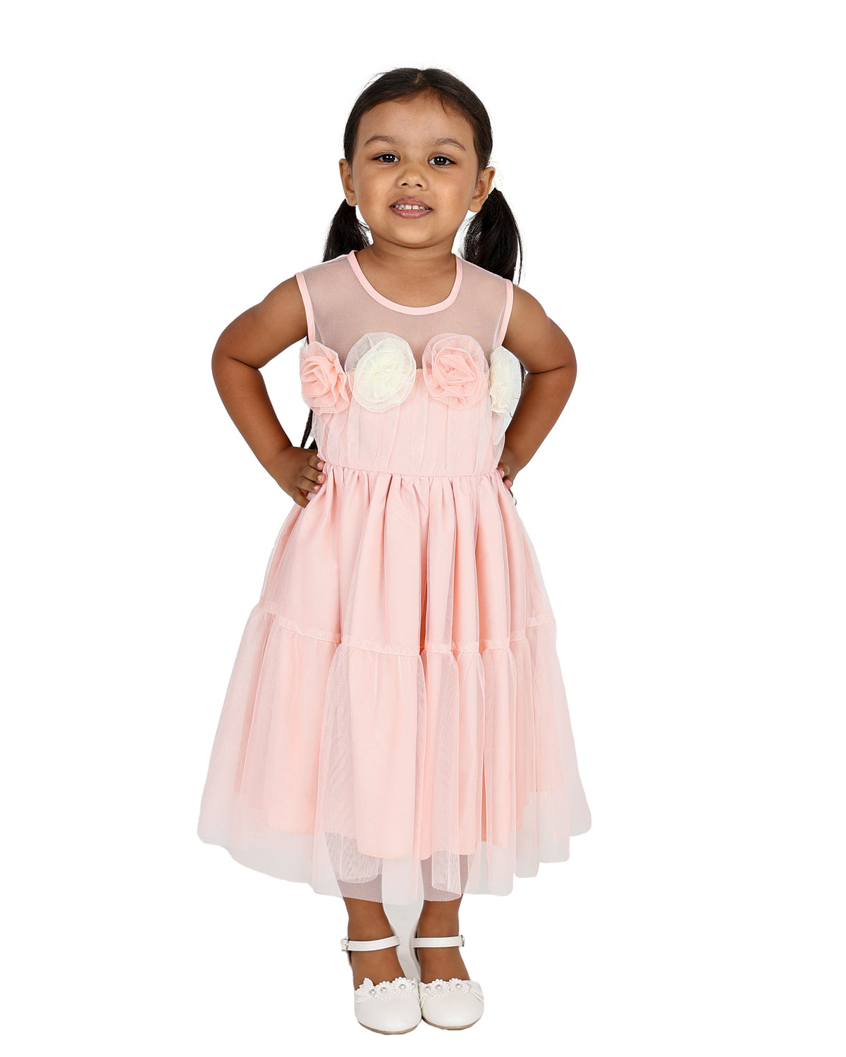 Sleeveless Peach 3D Rose Detail Tiered Tulle Party Dress