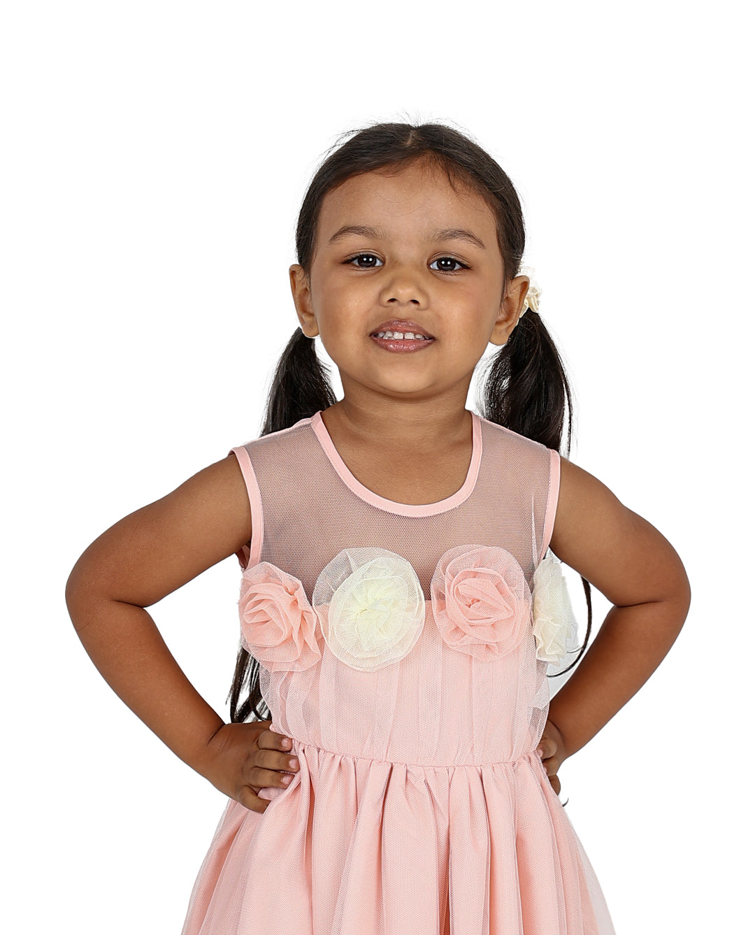 Sleeveless Peach 3D Rose Detail Tiered Tulle Party Dress