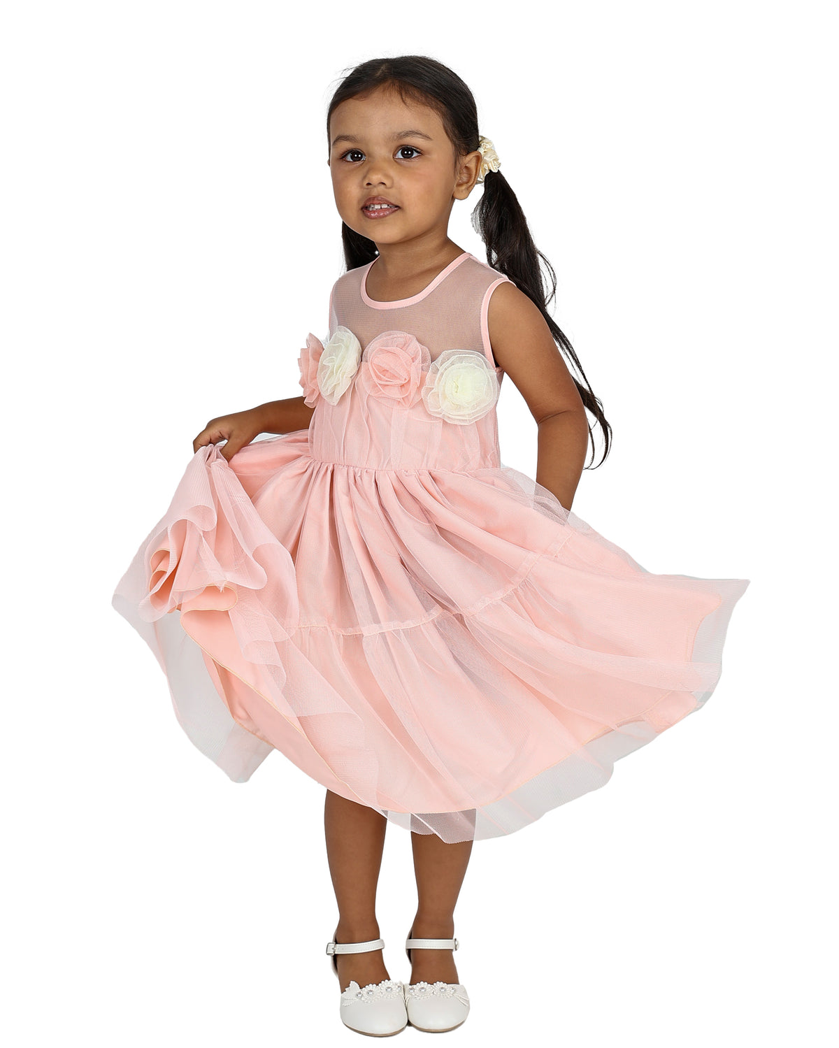 Sleeveless Peach 3D Rose Detail Tiered Tulle Party Dress